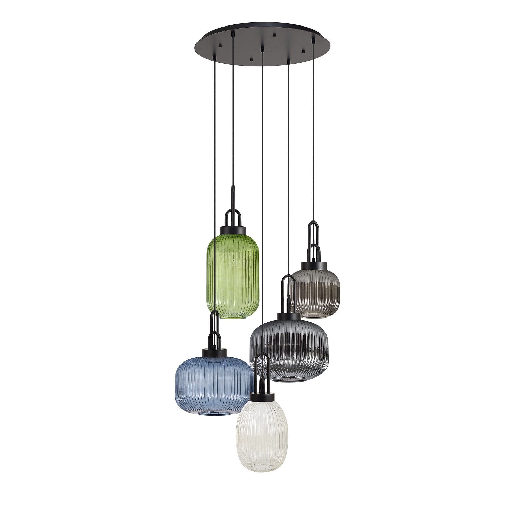 Fabula Springfield 5 Light Round Pendant - Mixed Glass Shades - Matt Black & Multi-Colour Glass