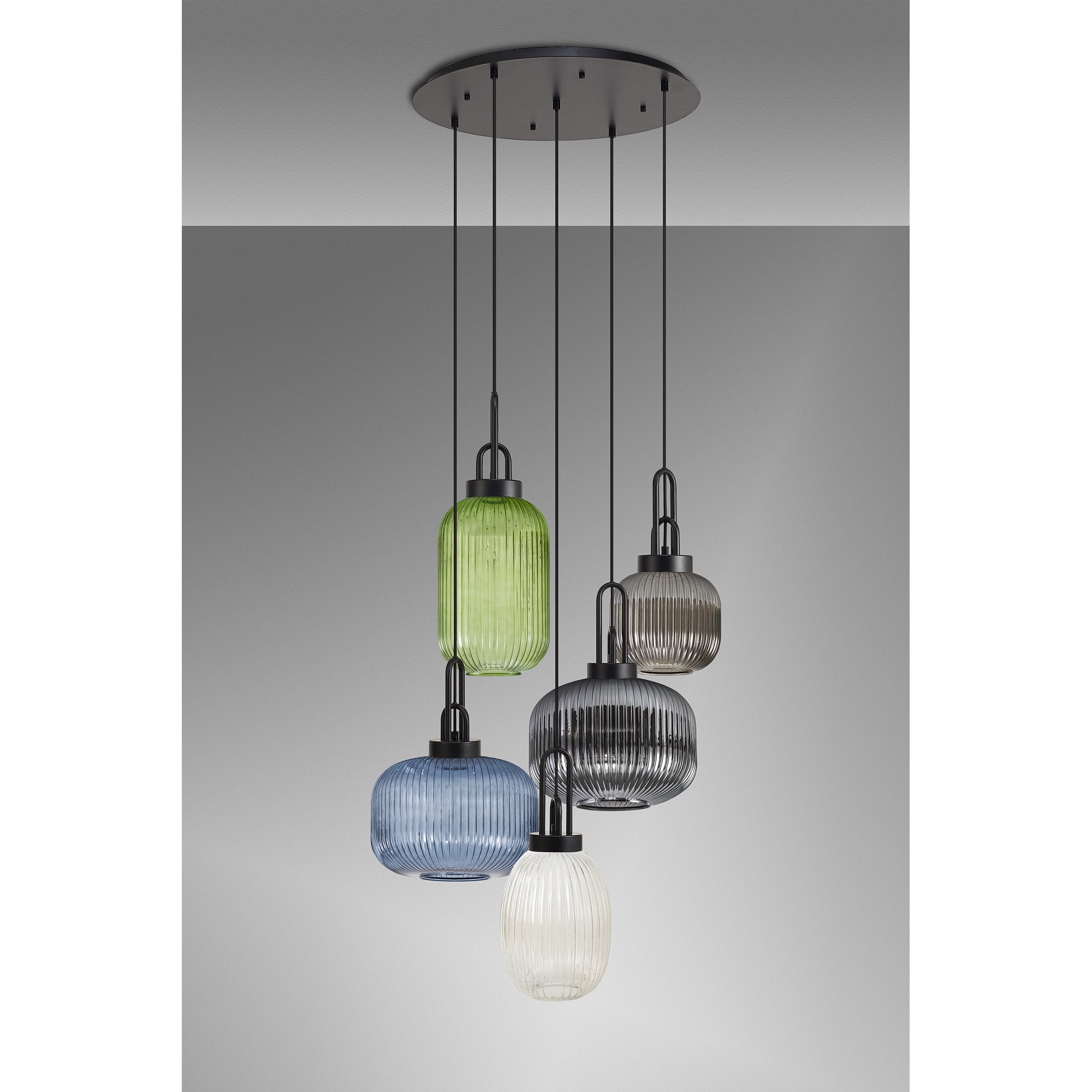 Fabula Springfield 5 Light Round Pendant - Mixed Glass Shades - Matt Black & Multi-Colour Glass