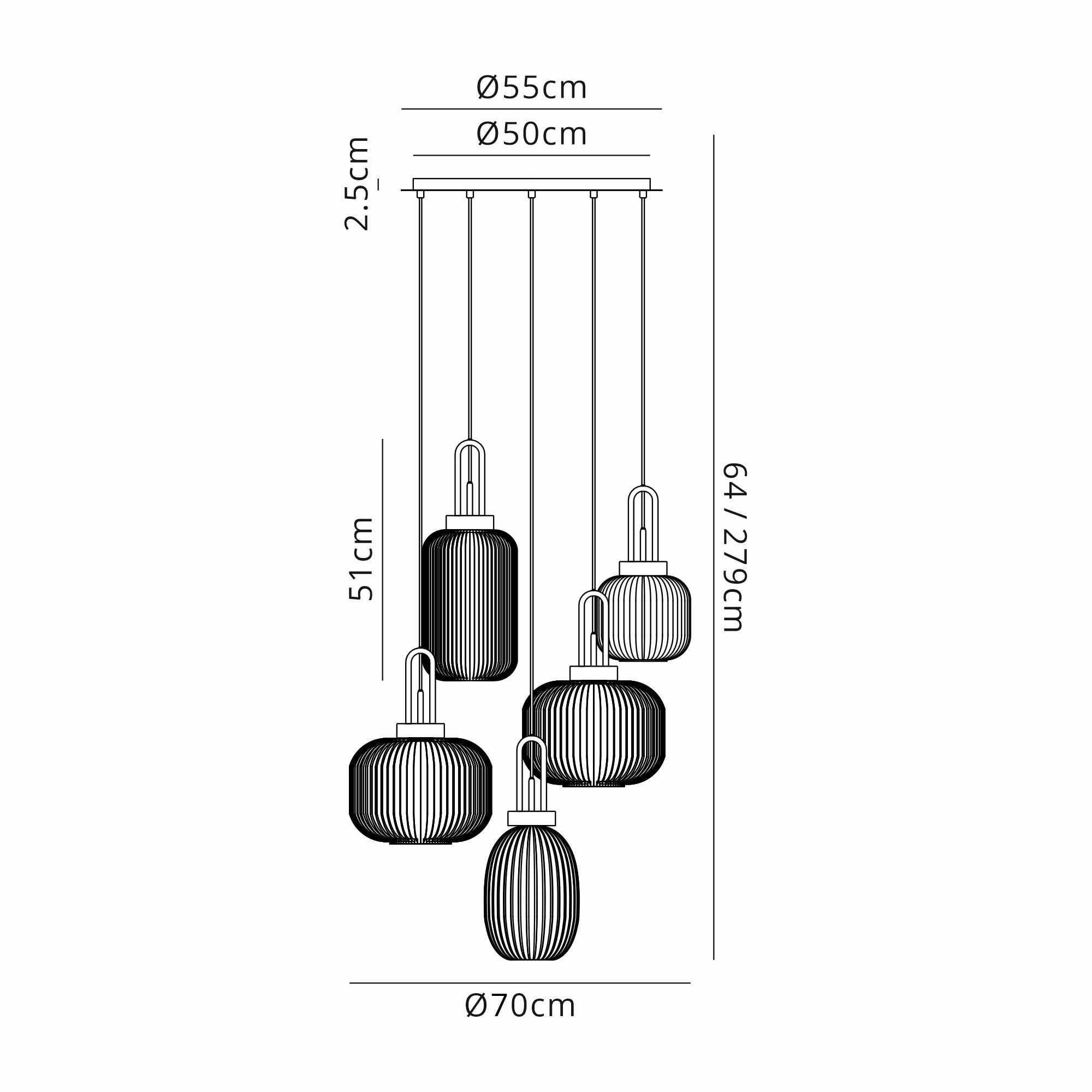 Fabula Springfield 5 Light Round Pendant - Mixed Glass Shades - Matt Black & Multi-Colour Glass