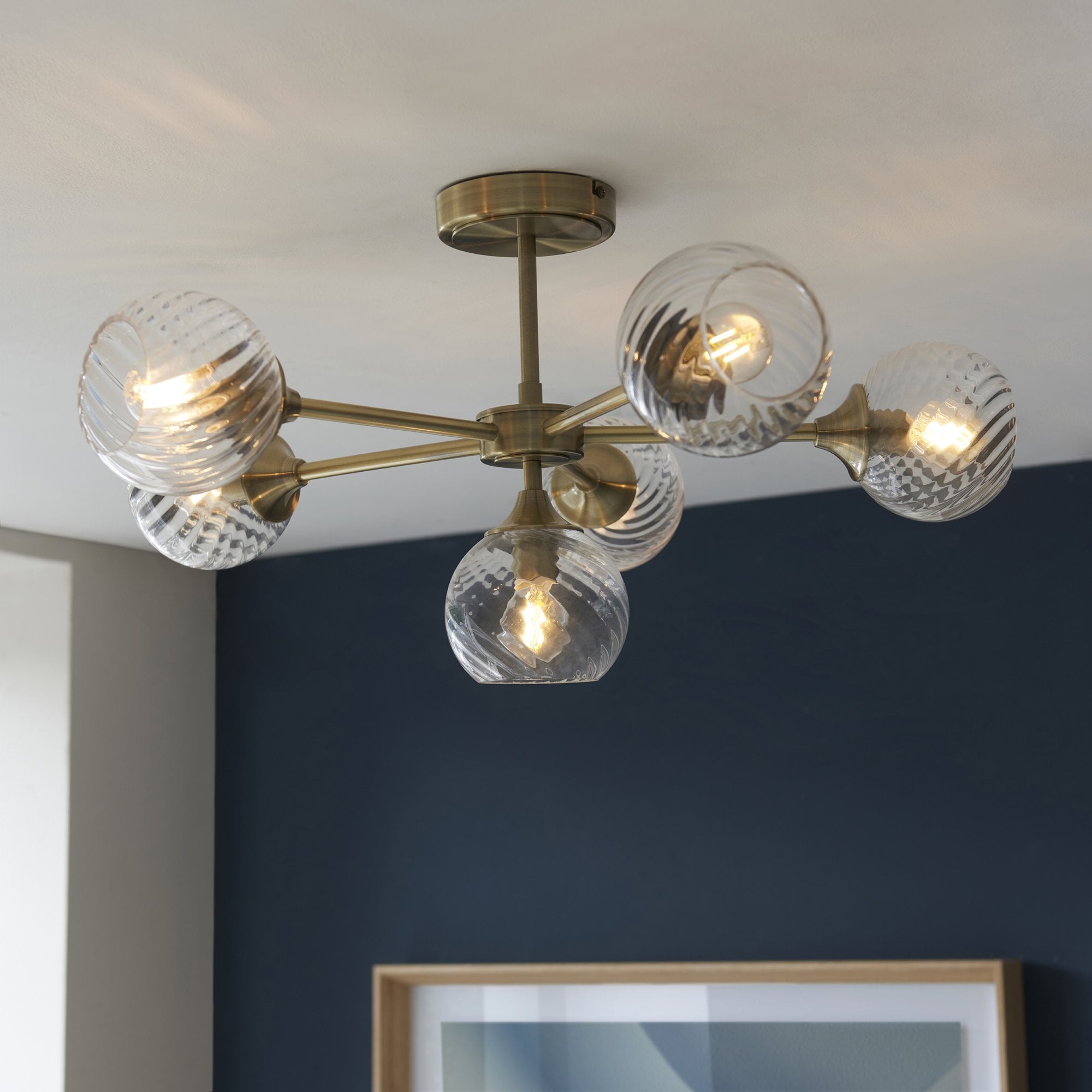 Endon Allegra 6 Light Semi-Flush Fitting - Antique Brass Plate & Clear Spiral Glass