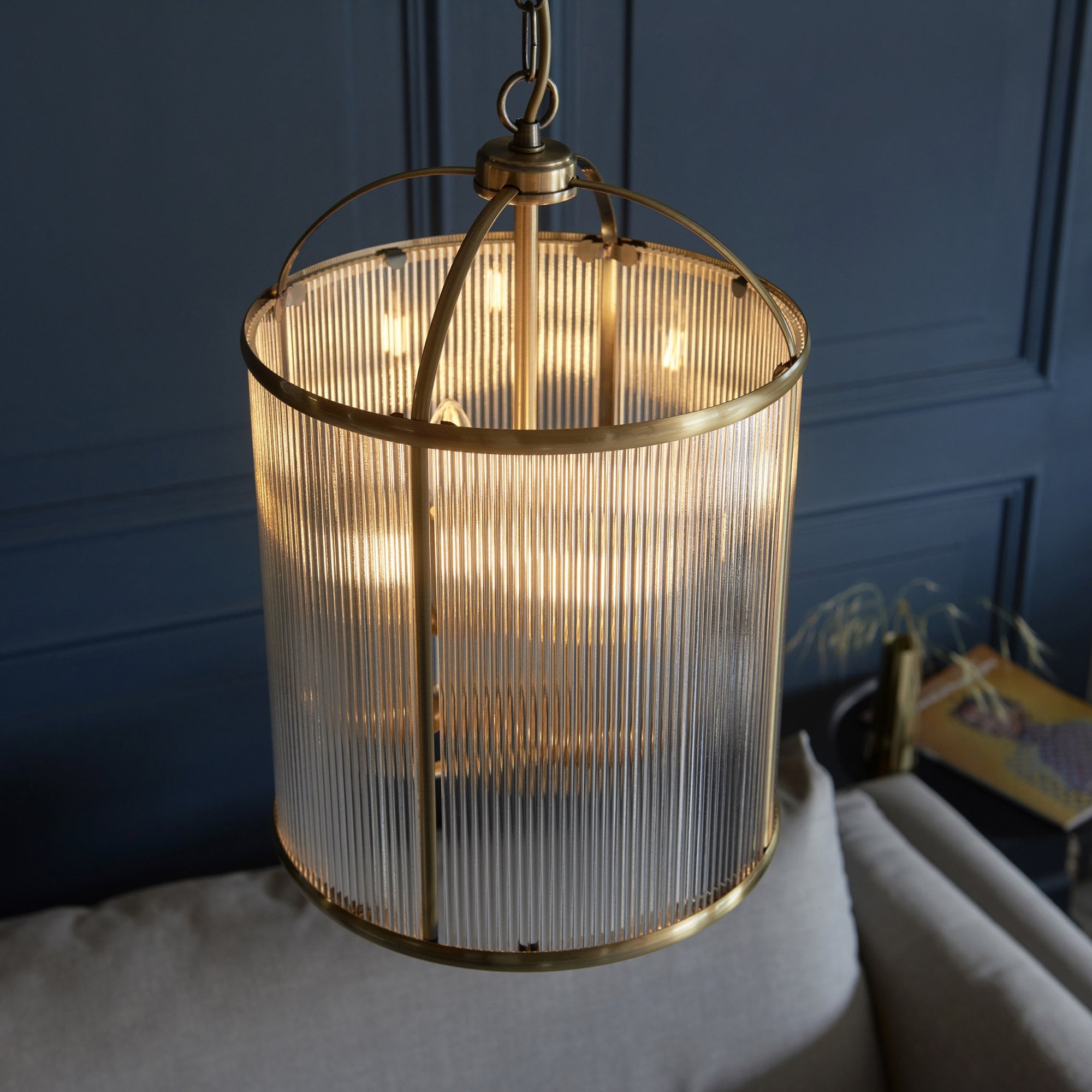 Endon Lambeth Ribbed 4 Light Pendant - Antique Brass Plate & Clear Ribbed Glass