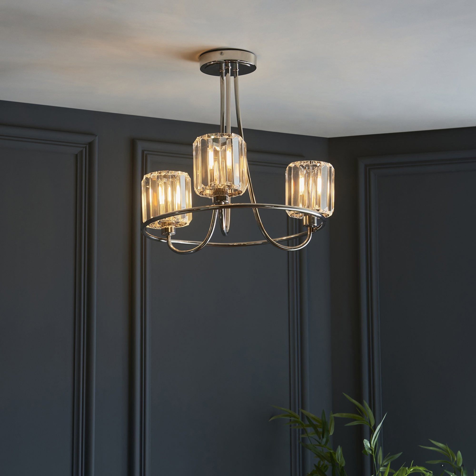 Endon Berenice 3 Light Semi-Flush Fitting - Bright Nickel Plate & Clear Glass