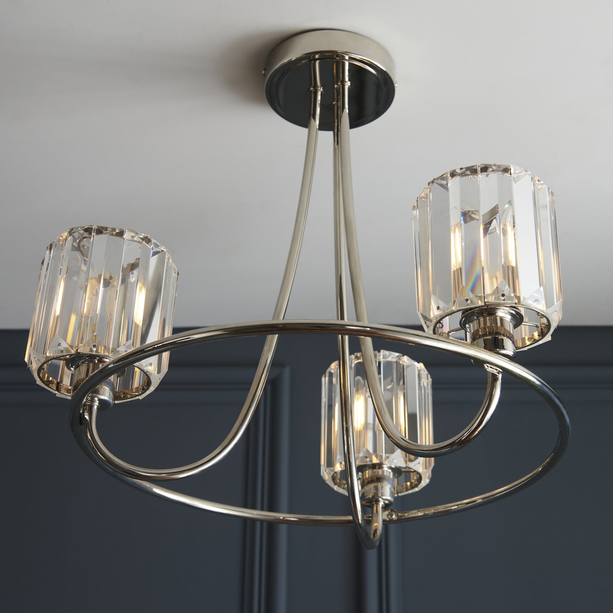 Endon Berenice 3 Light Semi-Flush Fitting - Bright Nickel Plate & Clear Glass