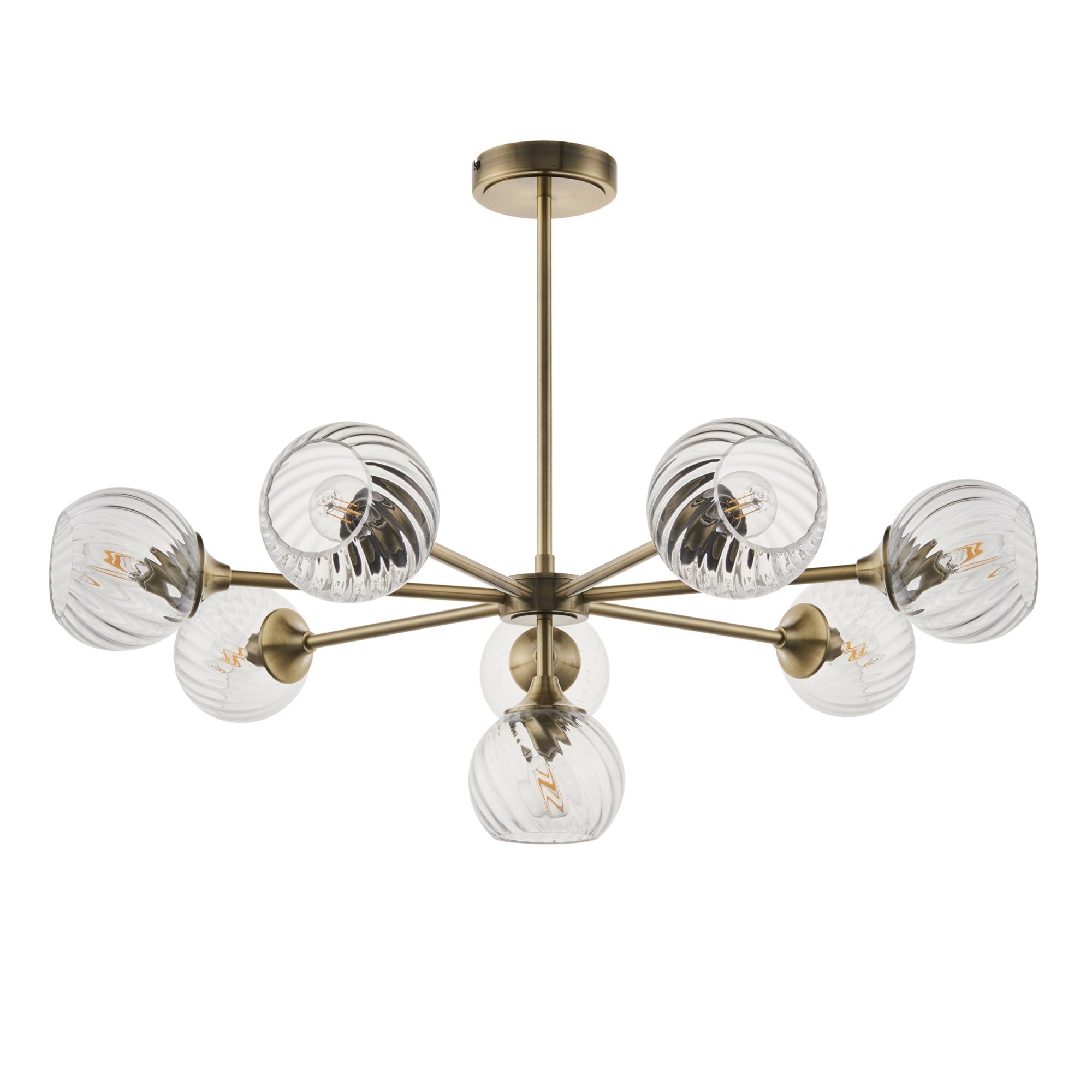 Endon Allegra 8 Light Pendant - Antique Brass Plate & Clear Spiral Glass