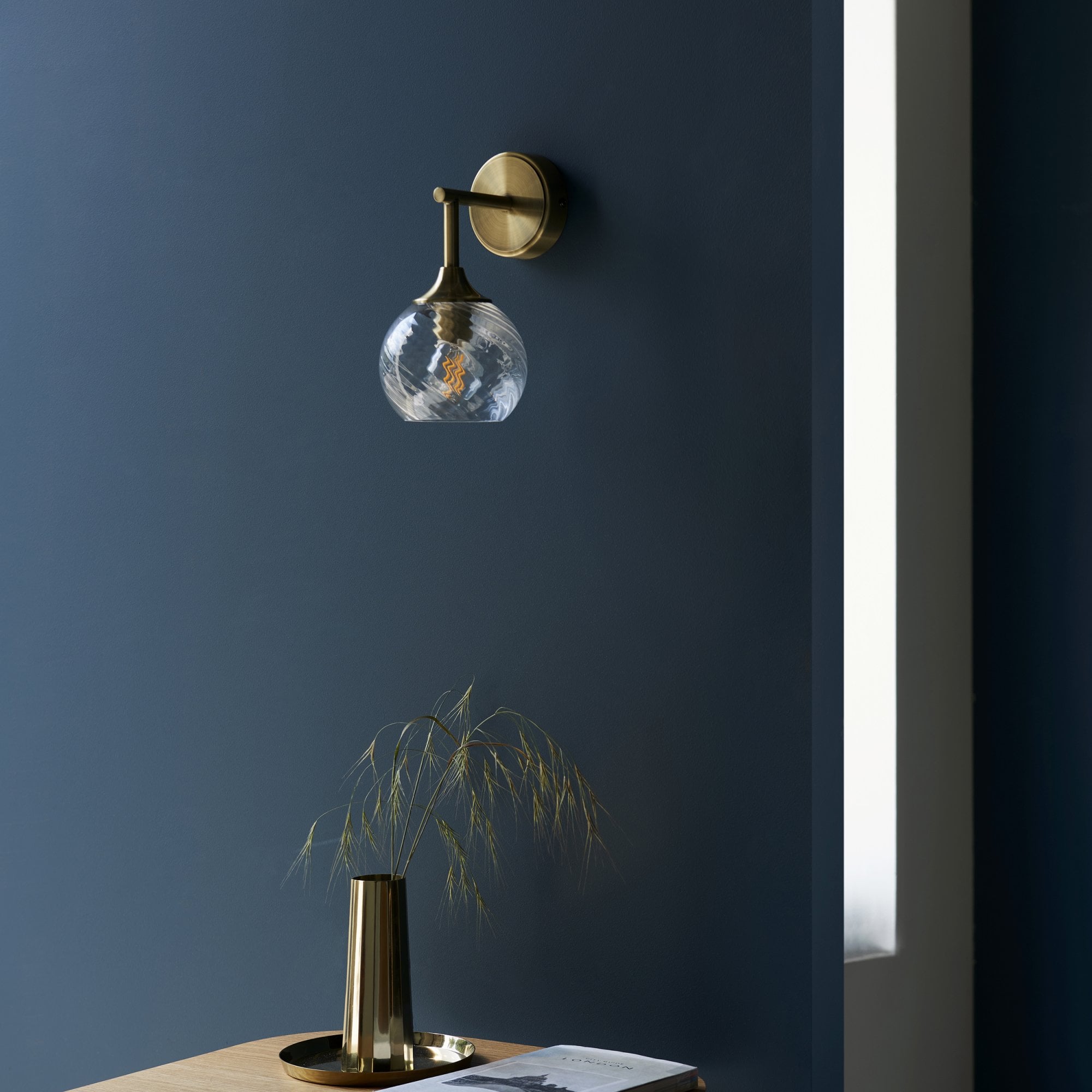 Endon Allegra Single Wall Light - Antique Brass Plate & Clear Spiral Glass