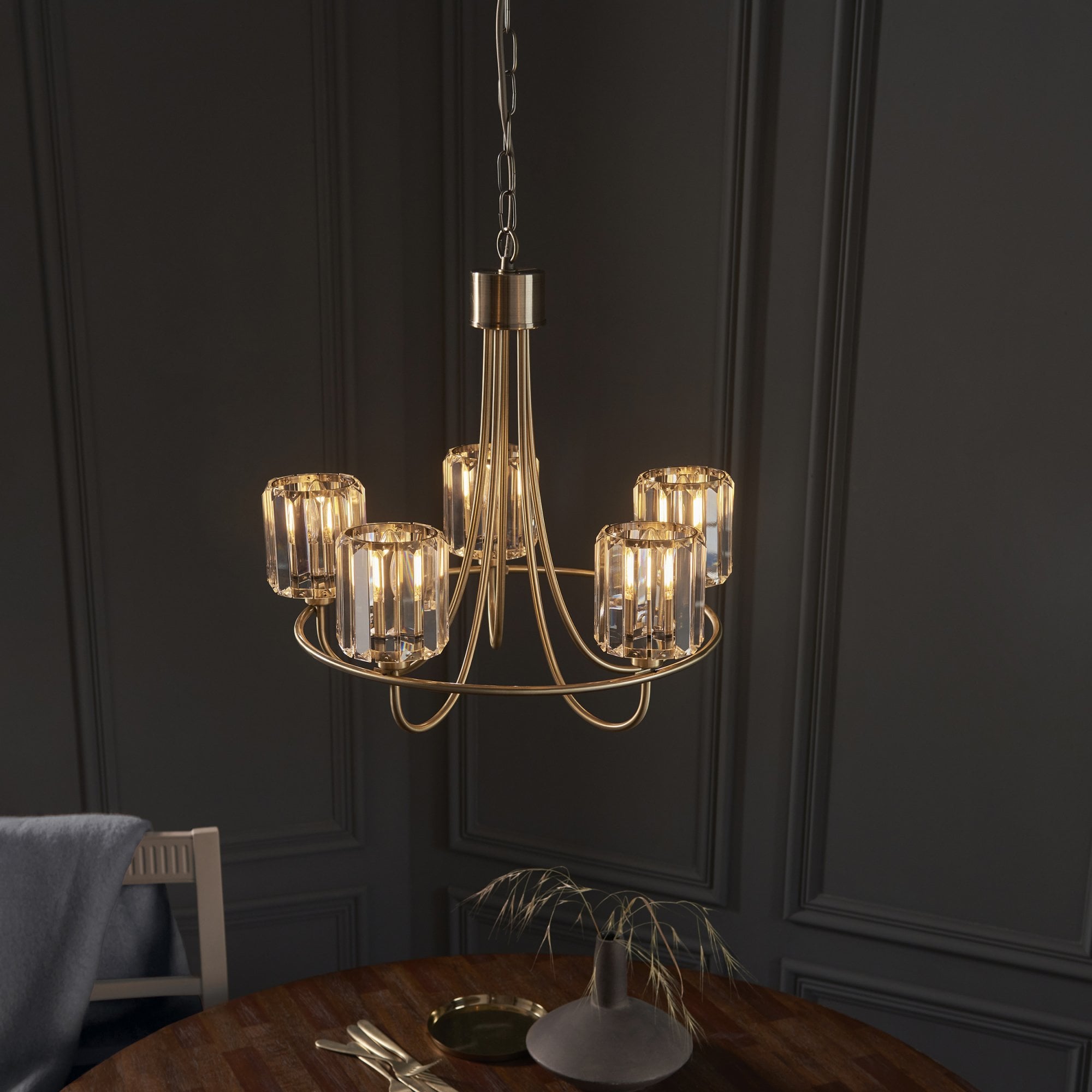 Endon Berenice 5 Light Pendant - Antique Brass Plate & Clear Glass