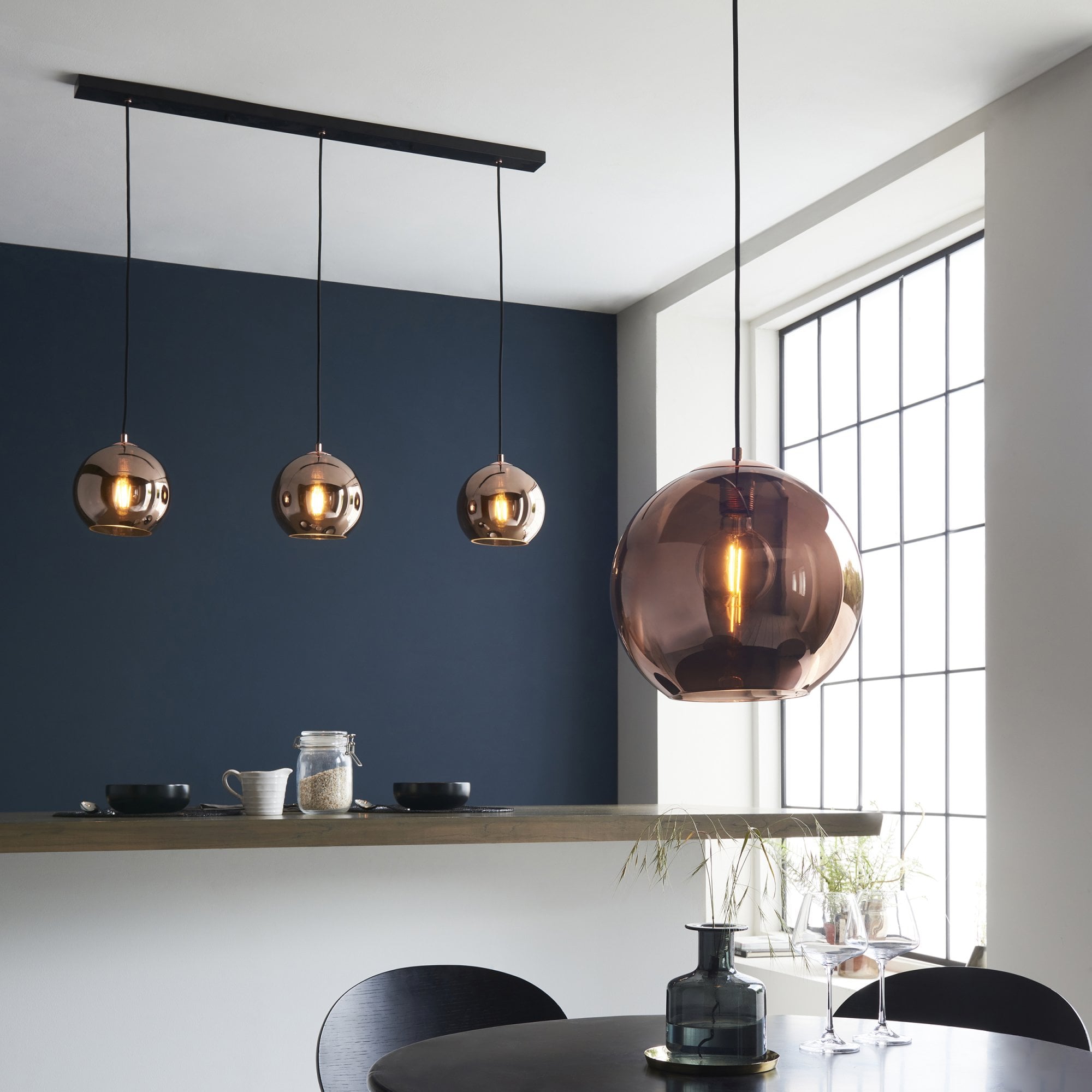 Endon Boli 3 Light Pendant - Copper Mirrored Glass & Matt Black Paint