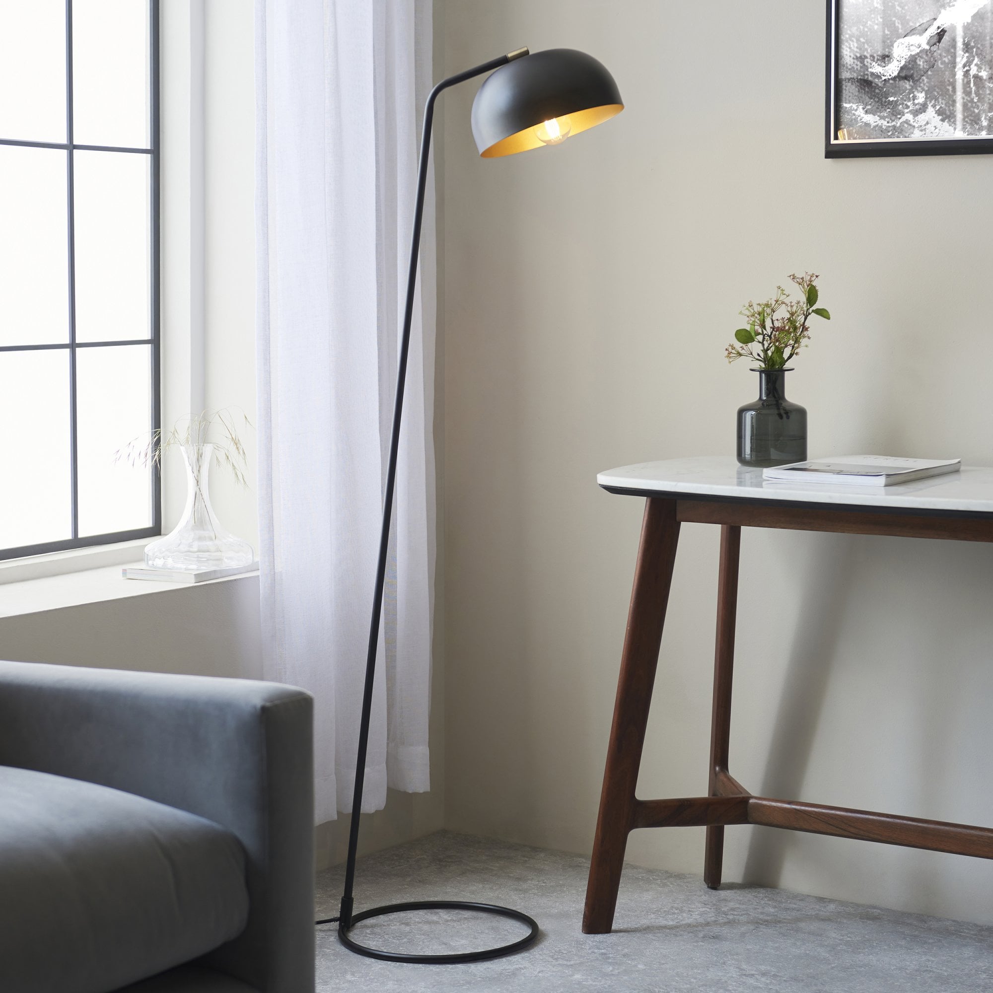 Endon Brair New Single Floor Light - Matt Black & Antique Brass Paint