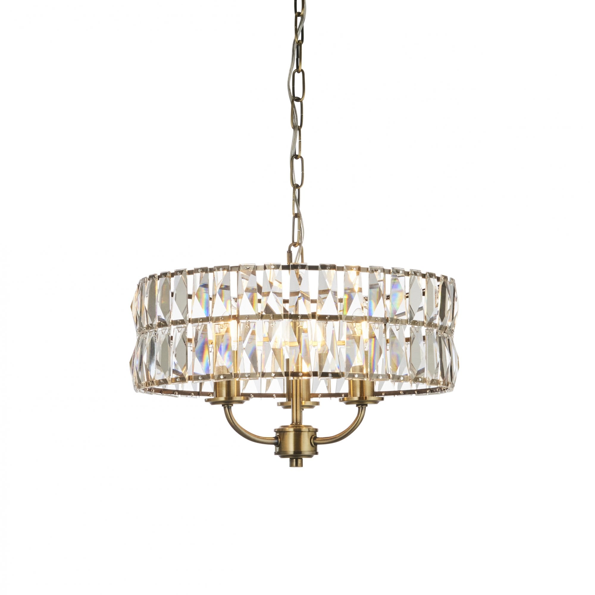 Endon Clifton 3 Light Pendant - Antique Brass Plate & Clear Crystal Glass