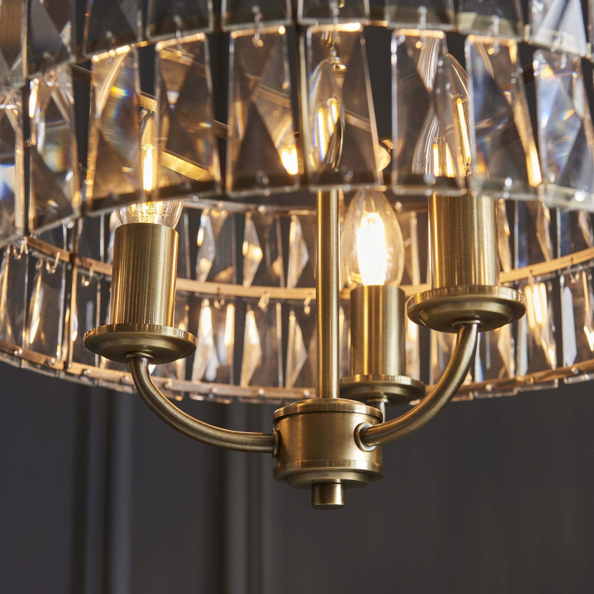 Endon Clifton 3 Light Pendant - Antique Brass Plate & Clear Crystal Glass