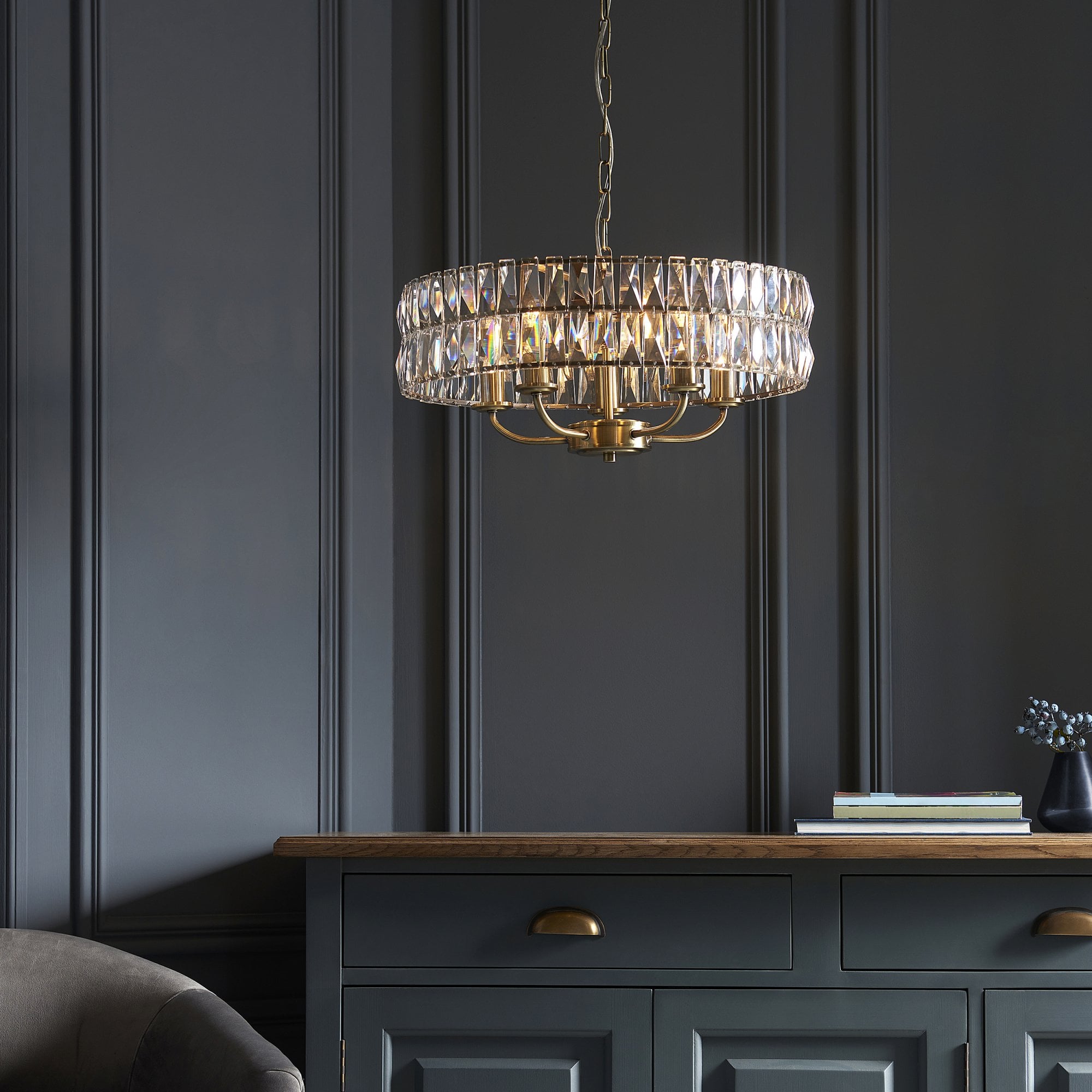 Endon Clifton 5 Light Pendant - Antique Brass Plate & Clear Crystal Glass