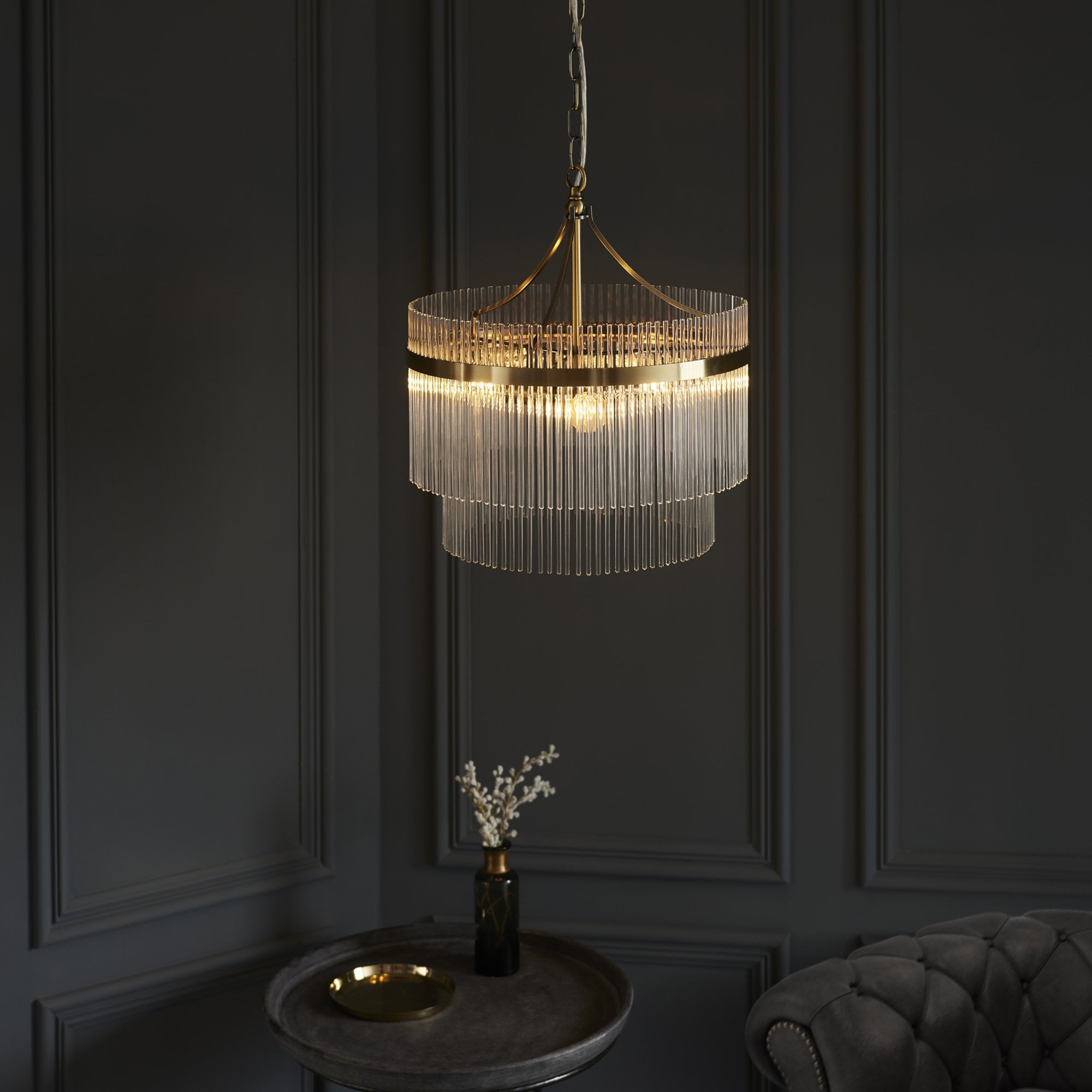 Endon Marietta 3 Light Pendant - Antique Brass Plate & Clear Glass