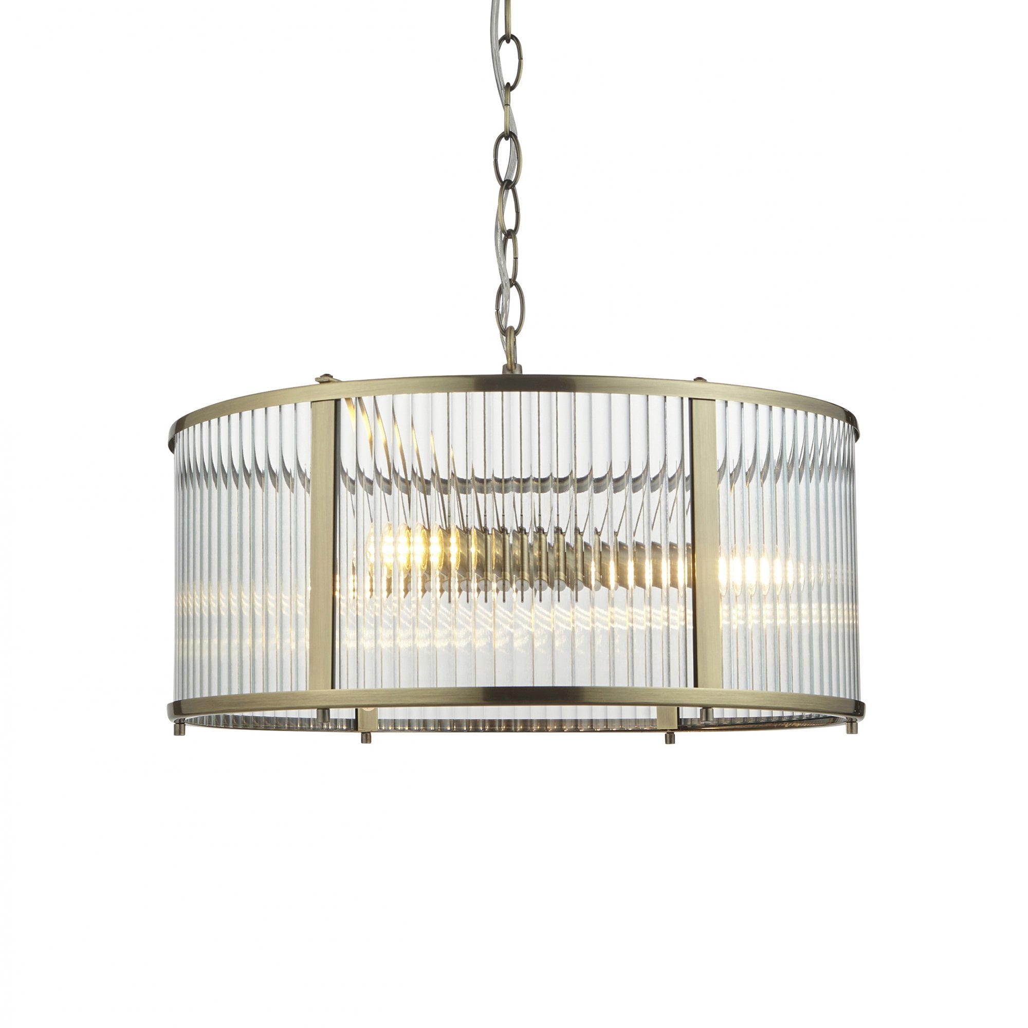 Endon Ridgeton 3 Light Pendant - Antique Brass Plate & Clear Ribbed Glass