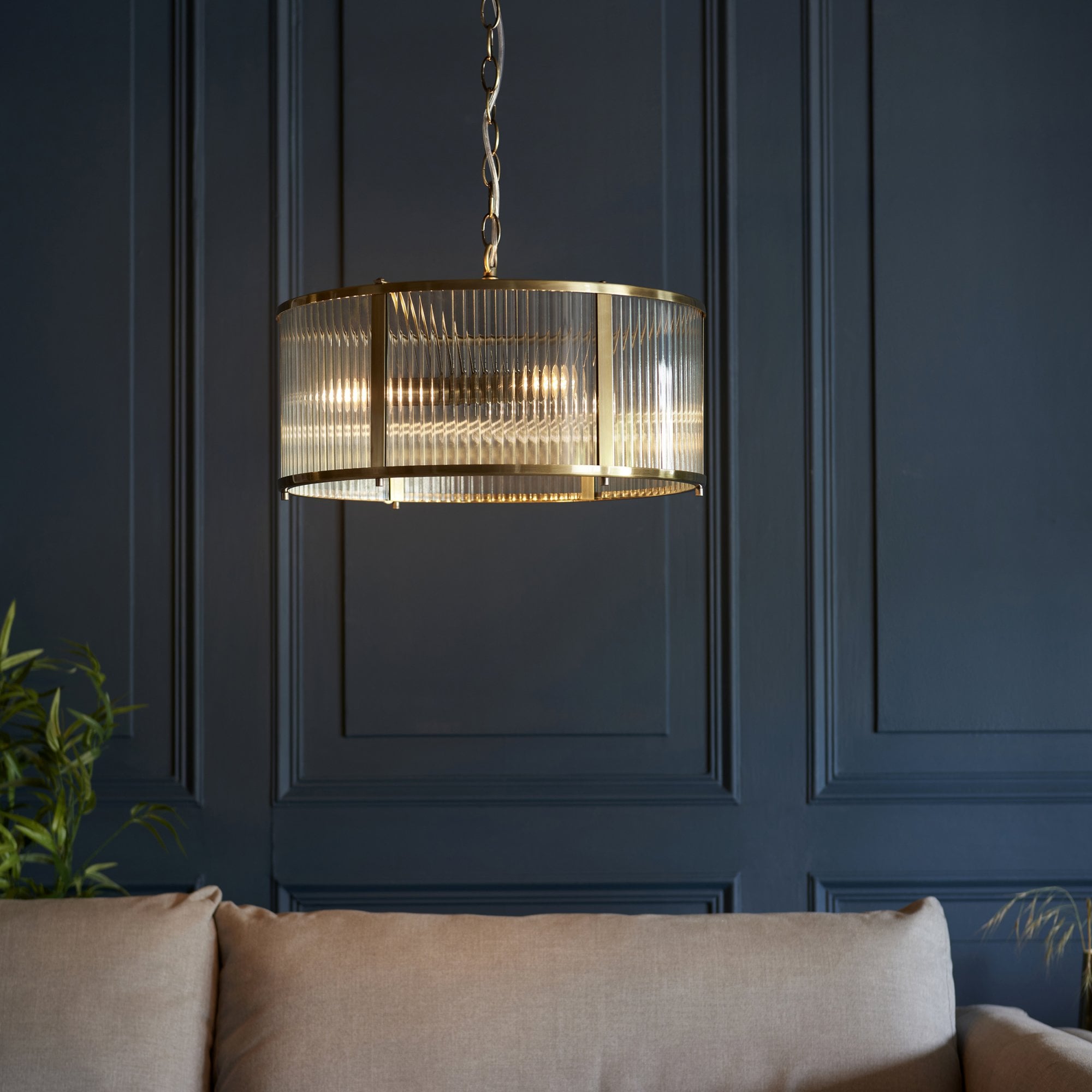 Endon Ridgeton 3 Light Pendant - Antique Brass Plate & Clear Ribbed Glass