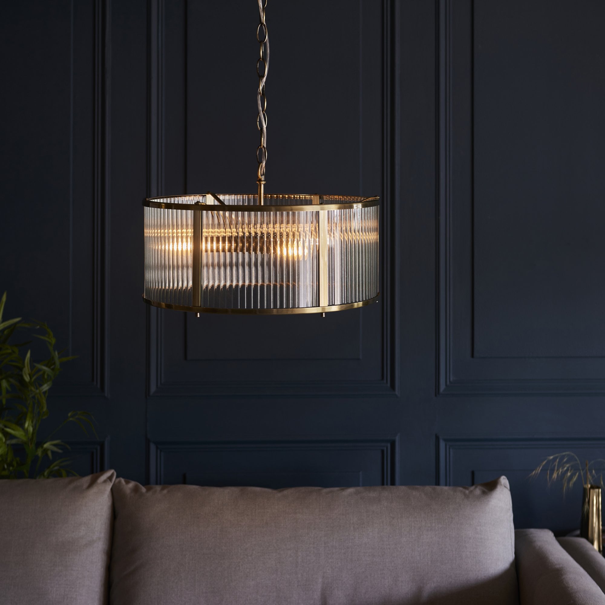 Endon Ridgeton 3 Light Pendant - Antique Brass Plate & Clear Ribbed Glass