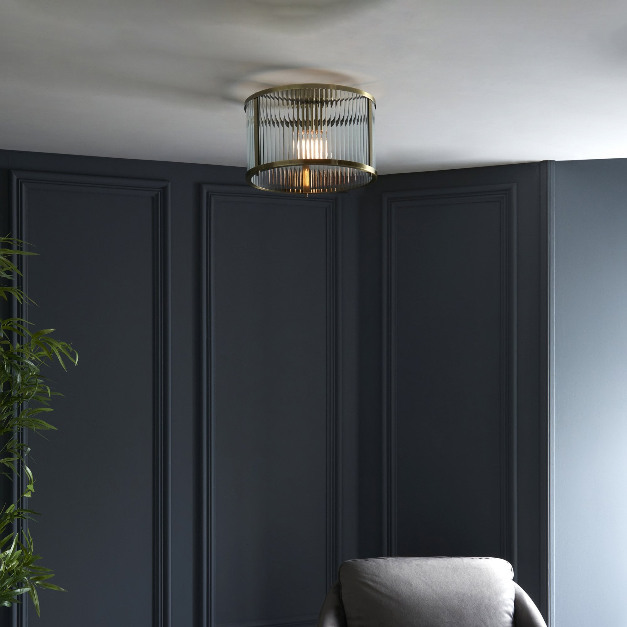 Endon Ridgeton Single Flush Fitting - Antique Brass Plate & Clear Ribbed Glass