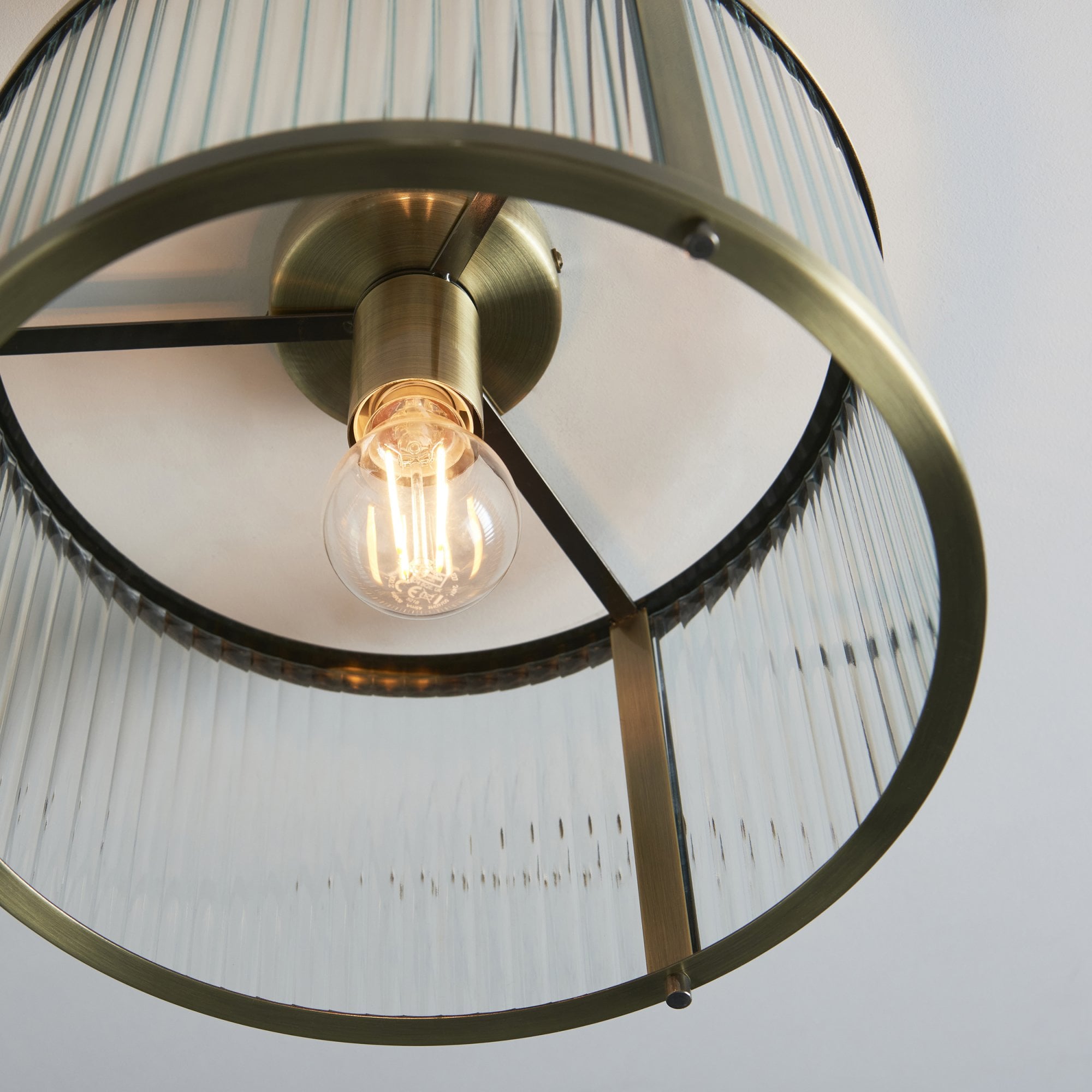 Endon Ridgeton Single Flush Fitting - Antique Brass Plate & Clear Ribbed Glass