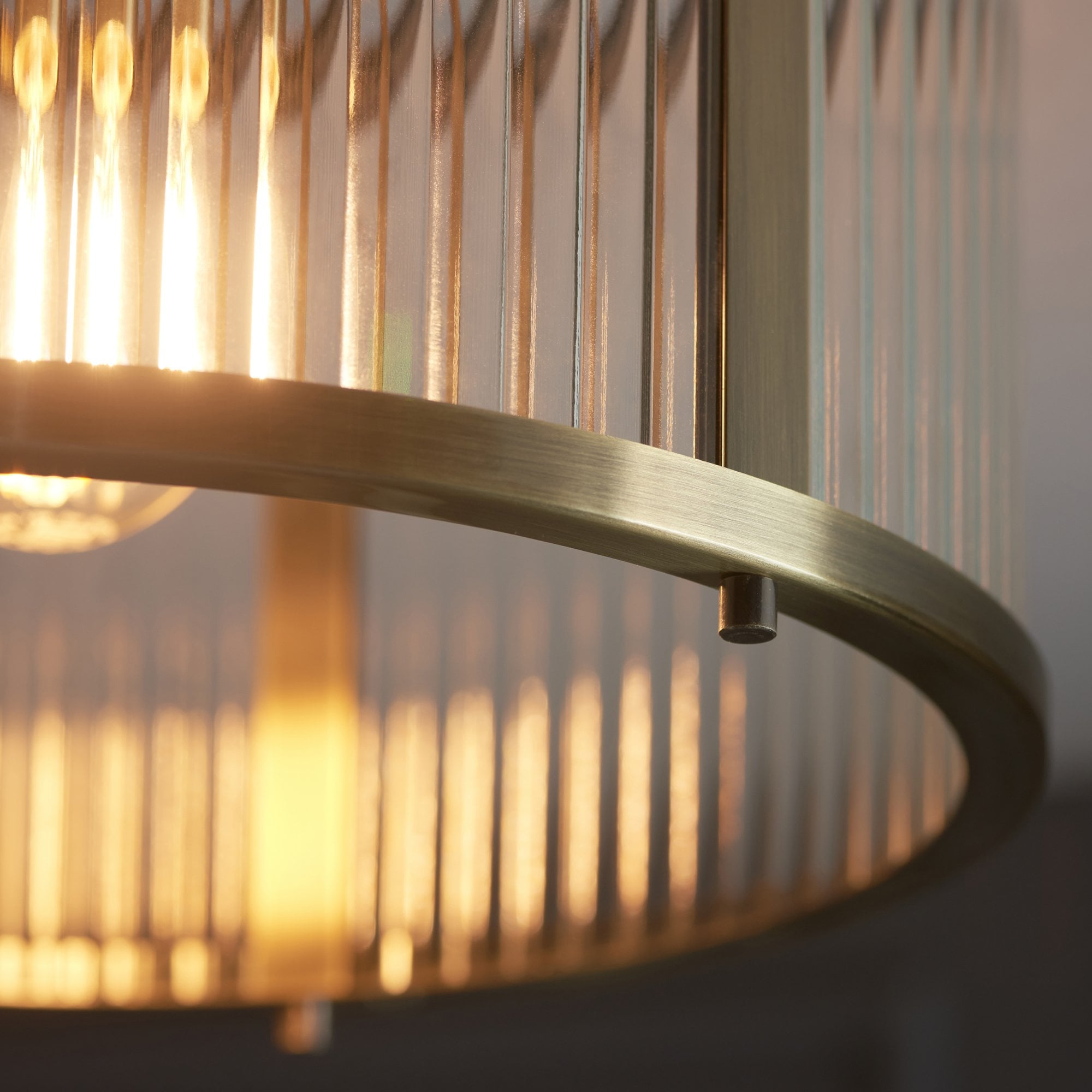 Endon Ridgeton Single Flush Fitting - Antique Brass Plate & Clear Ribbed Glass