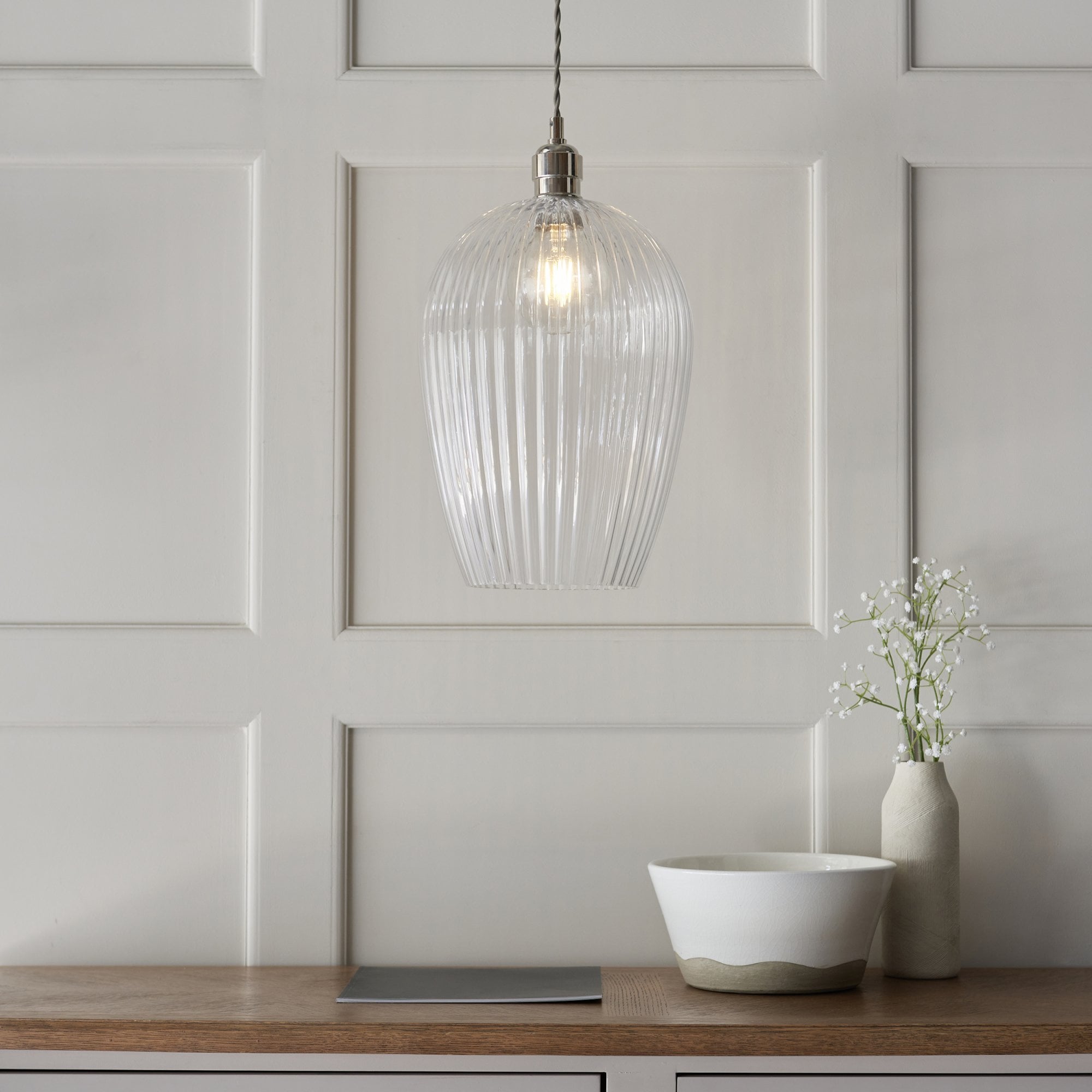 Utopia Finesse Large Single Pendant - Bright Nickel Plate & Clear Ribbed Glass