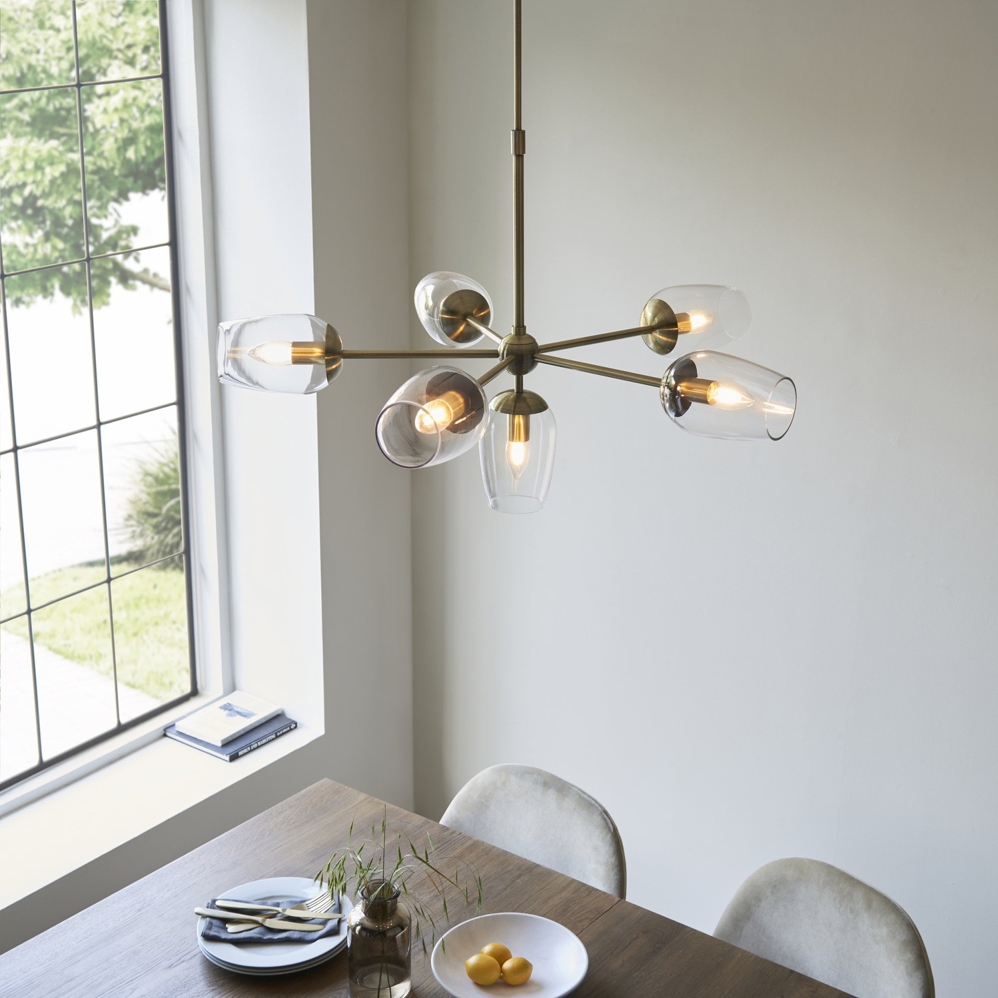 Endon Walton 6 Light Adjustable Pendant - Antique Brass Plate & Clear Glass