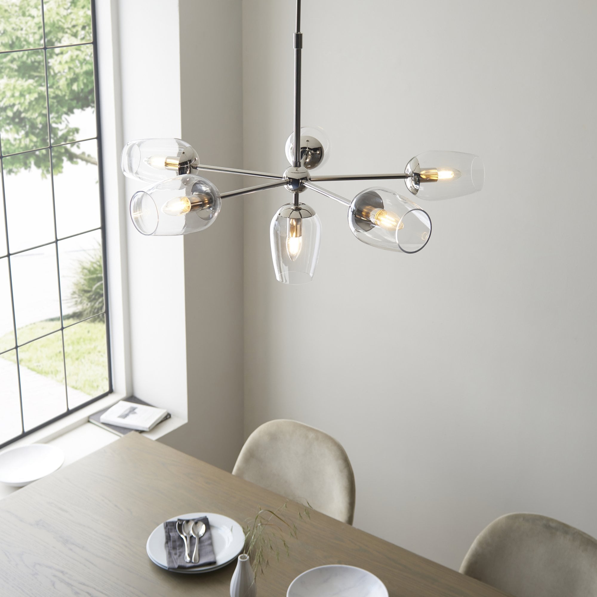 Endon Walton 6 Light Adjustable Pendant - Bright Nickel Plate & Clear Glass