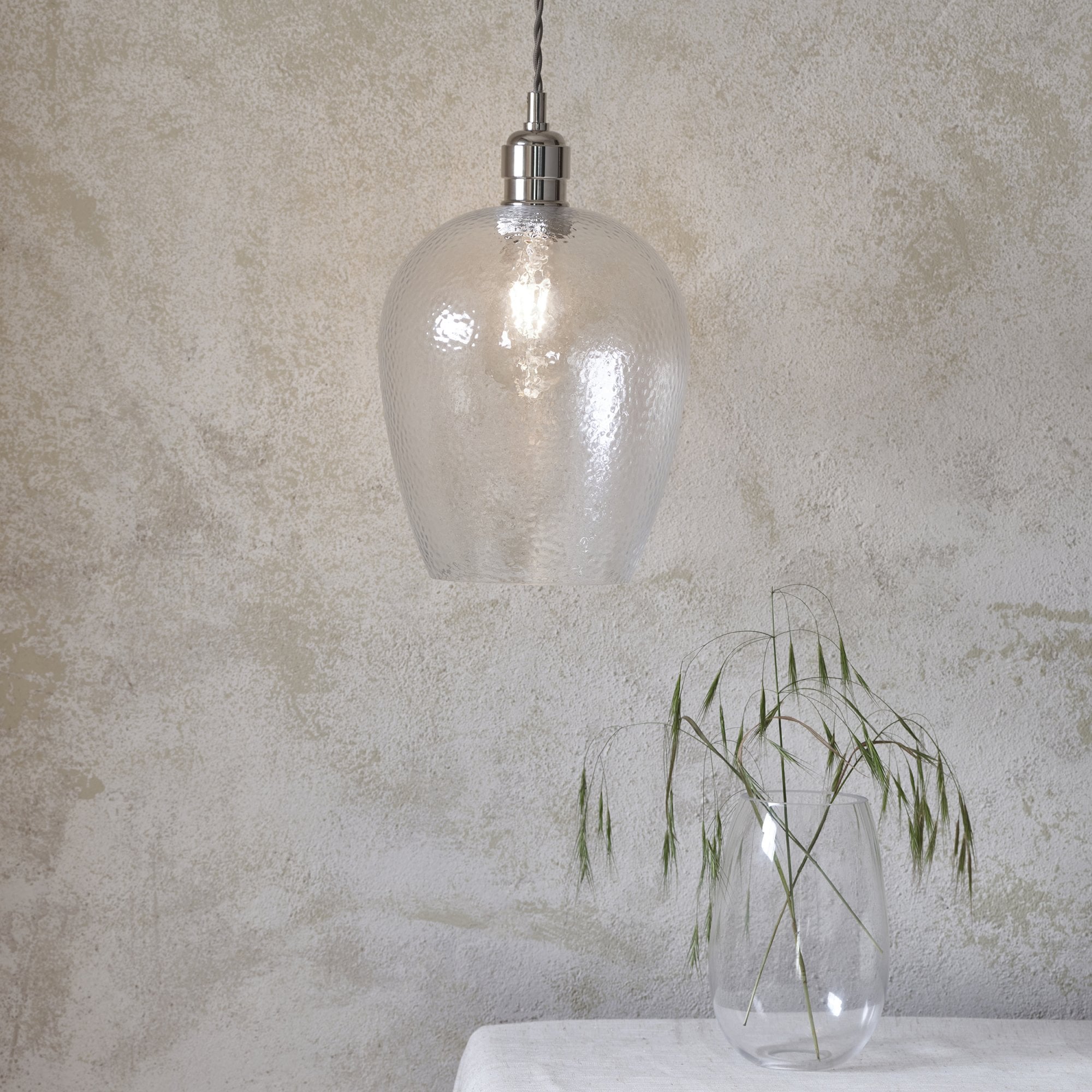 Utopia Finesse Small Single Pendant - Bright Nickel Plate & Clear Hammered Glass
