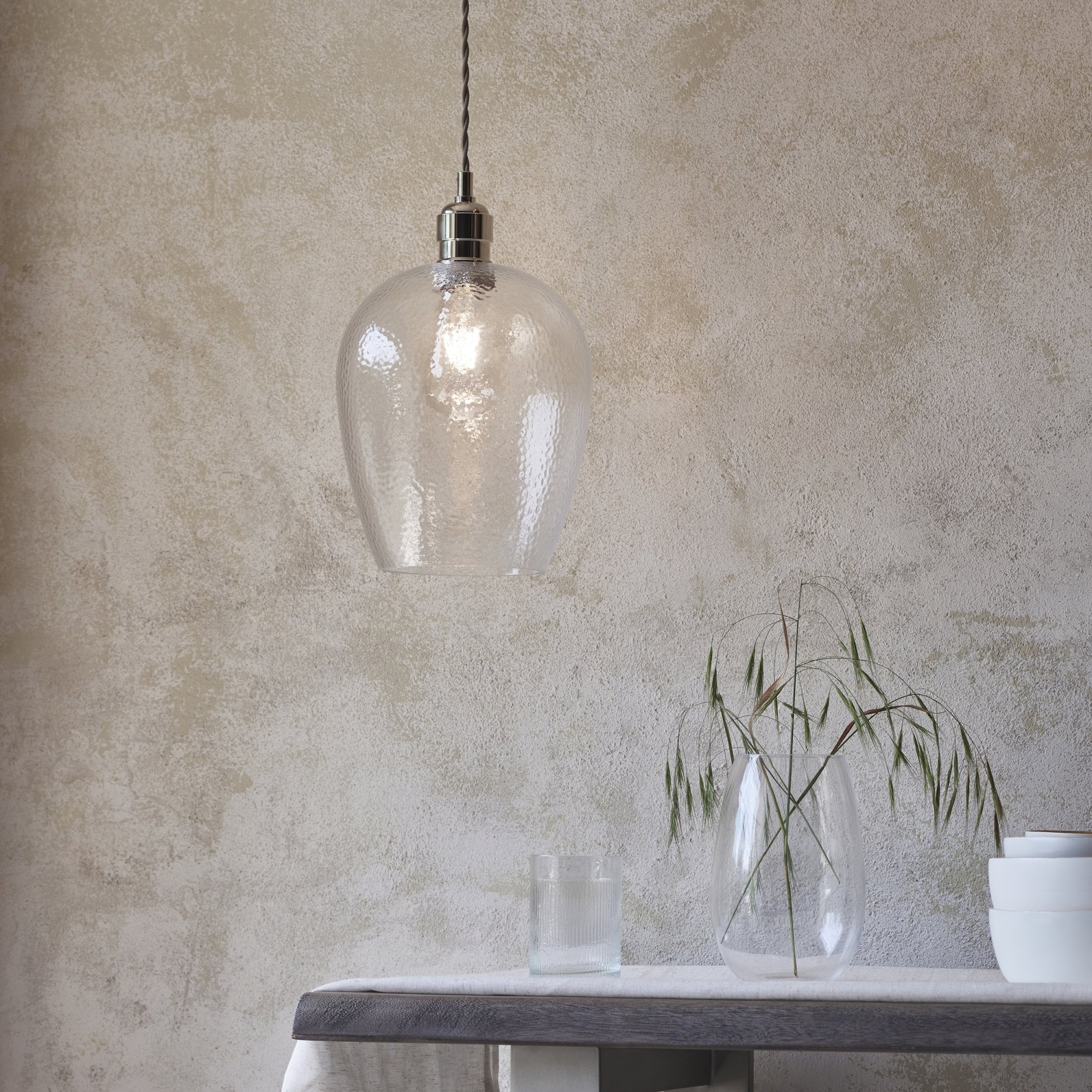 Utopia Finesse Small Single Pendant - Bright Nickel Plate & Clear Hammered Glass