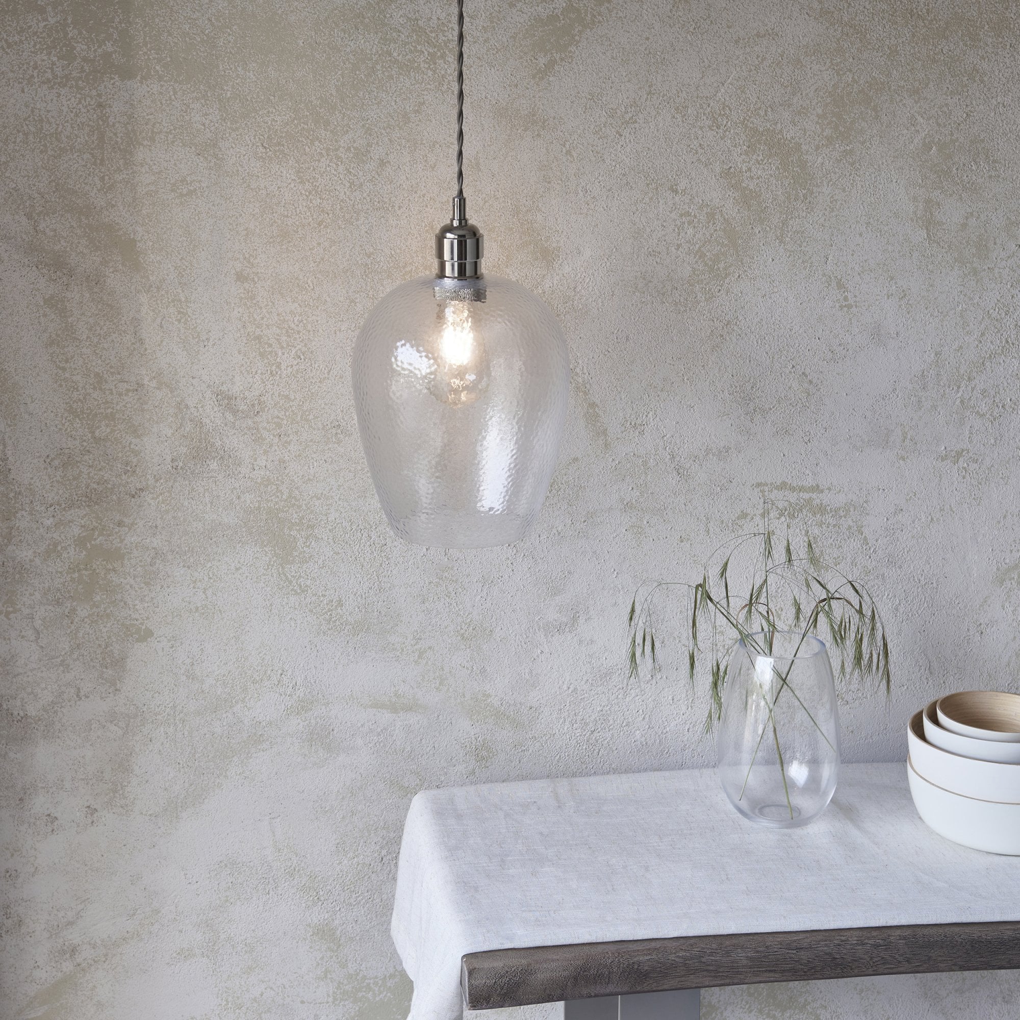 Utopia Finesse Small Single Pendant - Bright Nickel Plate & Clear Hammered Glass