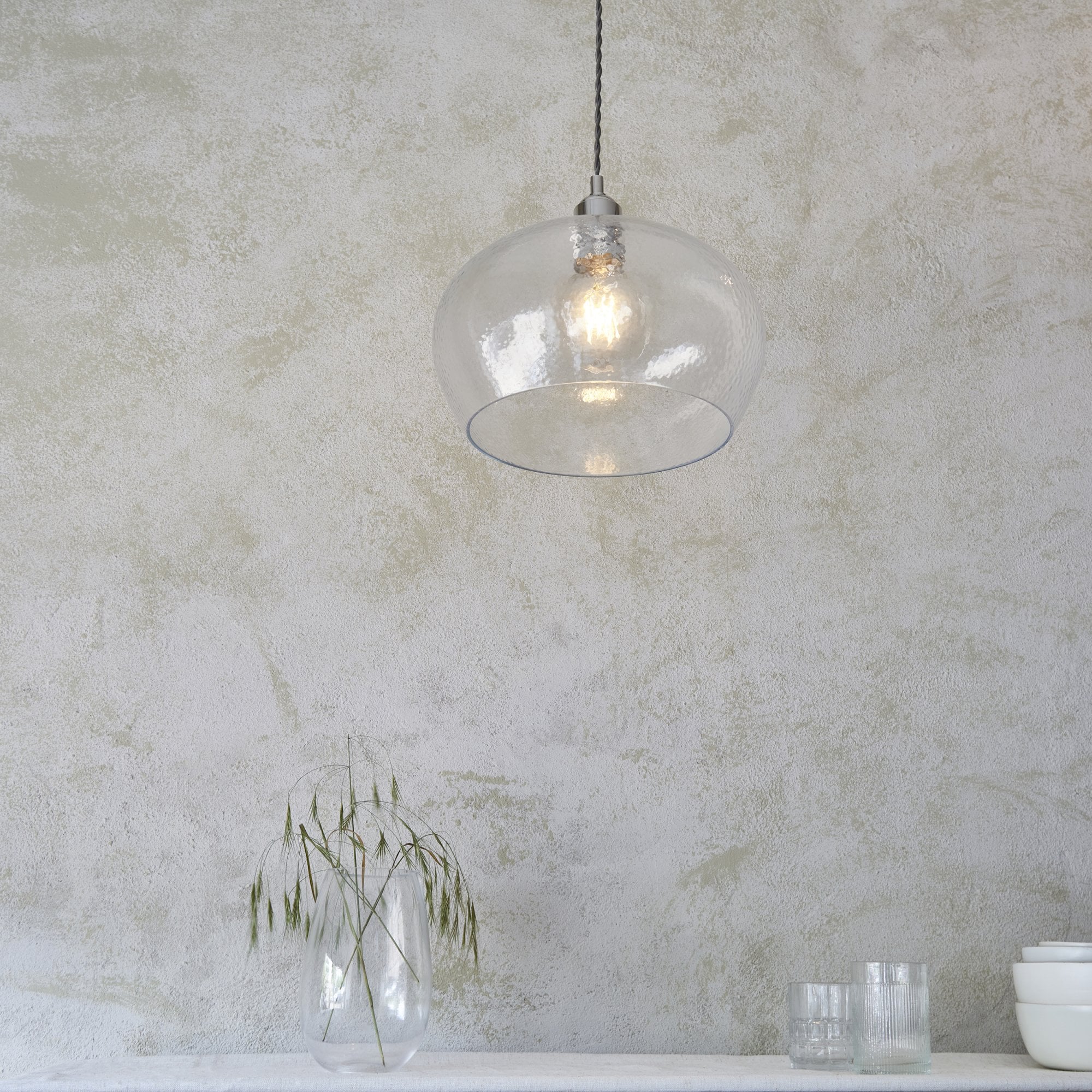 Utopia Finesse Medium Single Pendant - Bright Nickel Plate & Clear Hammered Glass