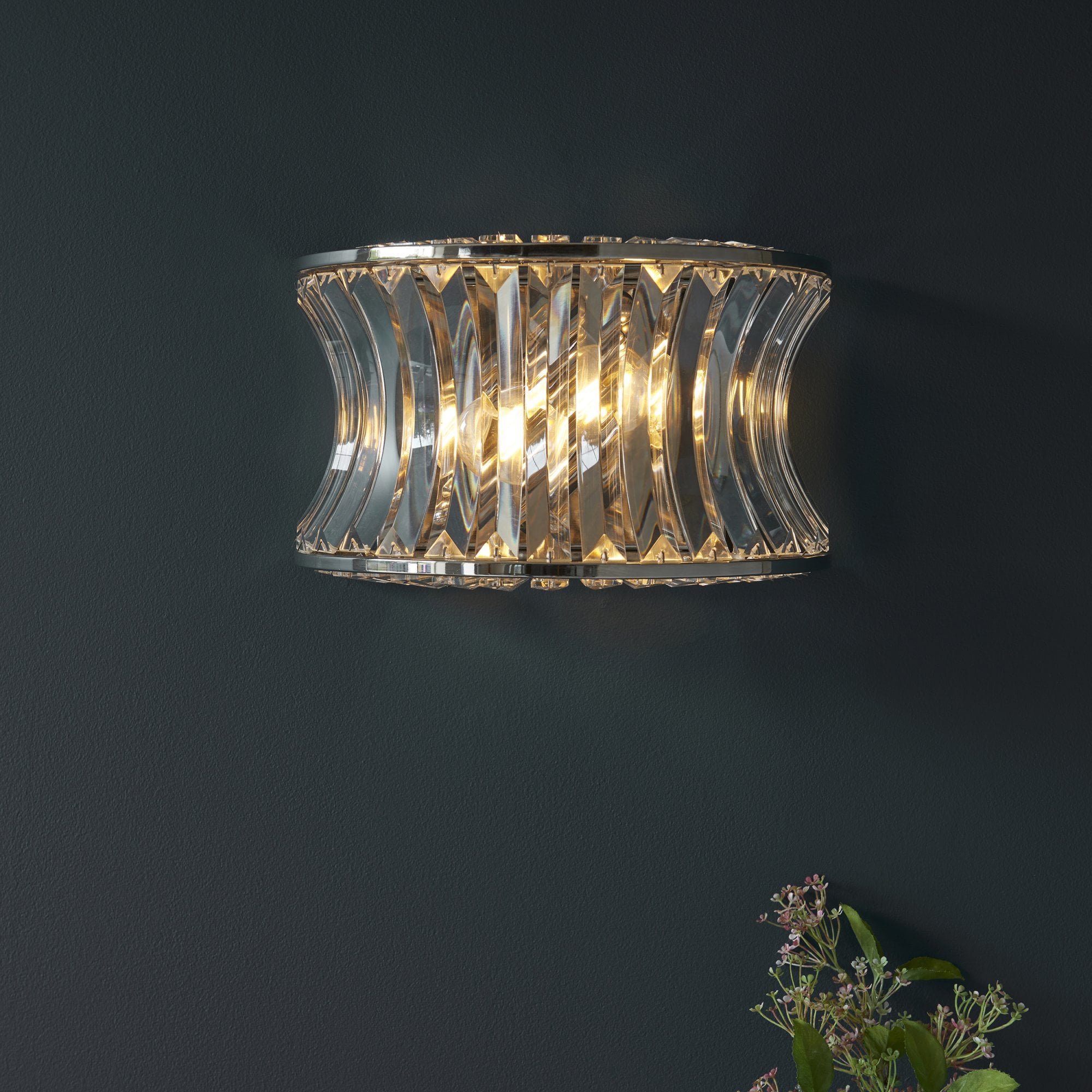 Utopia Bow 2 Light Wall Light - Bright Nickel Plate with Crystal & Clear Glass