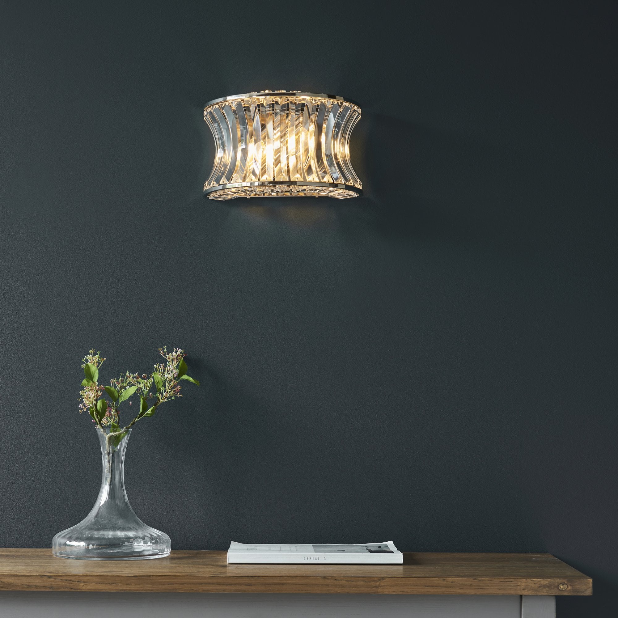 Utopia Bow 2 Light Wall Light - Bright Nickel Plate with Crystal & Clear Glass