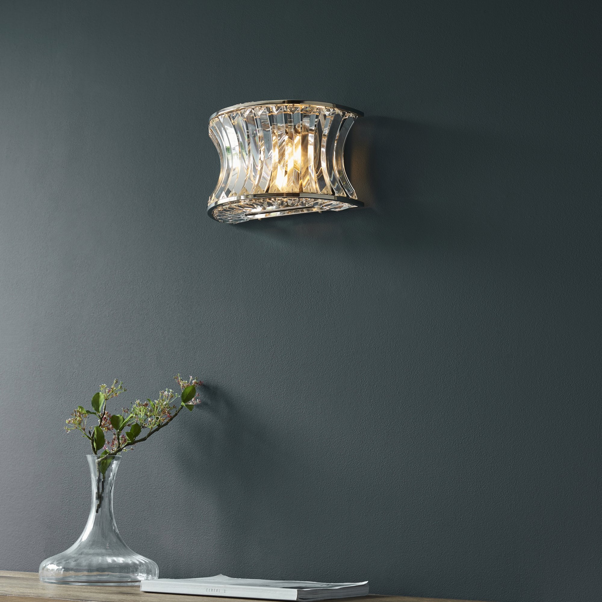 Utopia Bow 2 Light Wall Light - Bright Nickel Plate with Crystal & Clear Glass