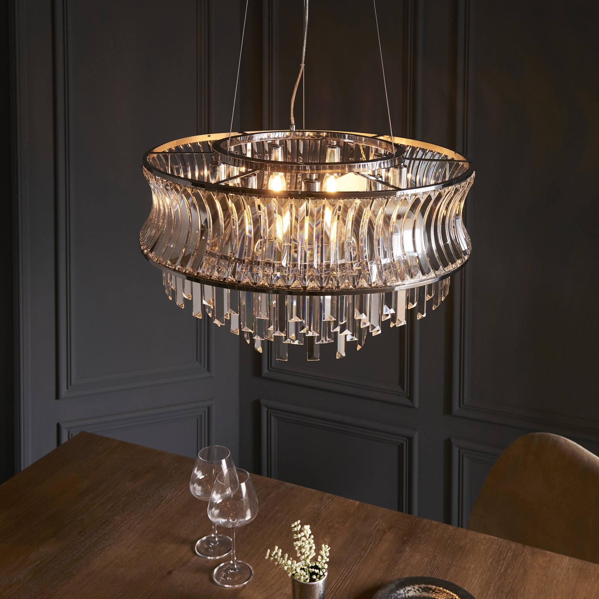 Utopia Bow 9 Light Pendant - Bright Nickel Plate with Crystal & Clear Glass