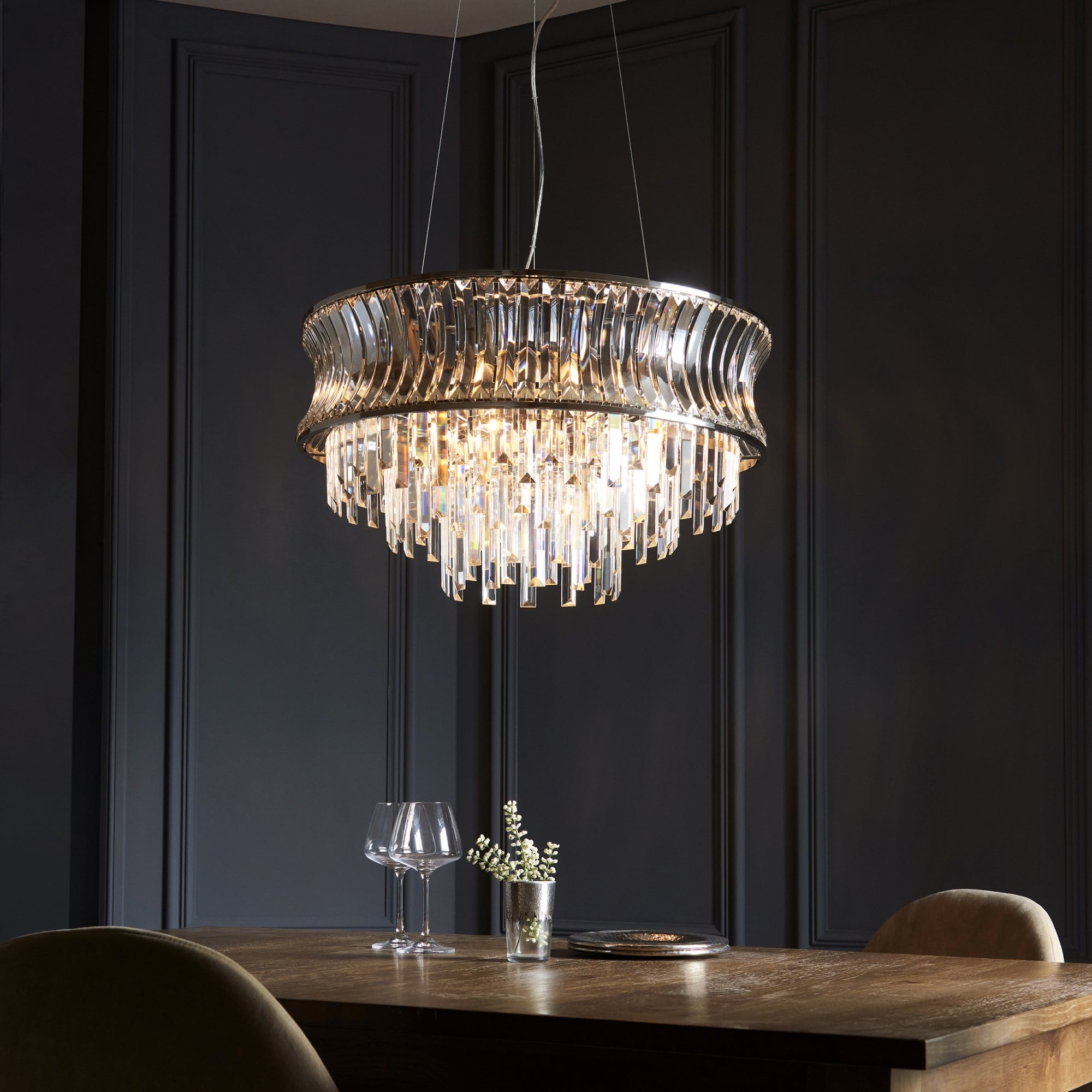 Utopia Bow 9 Light Pendant - Bright Nickel Plate with Crystal & Clear Glass