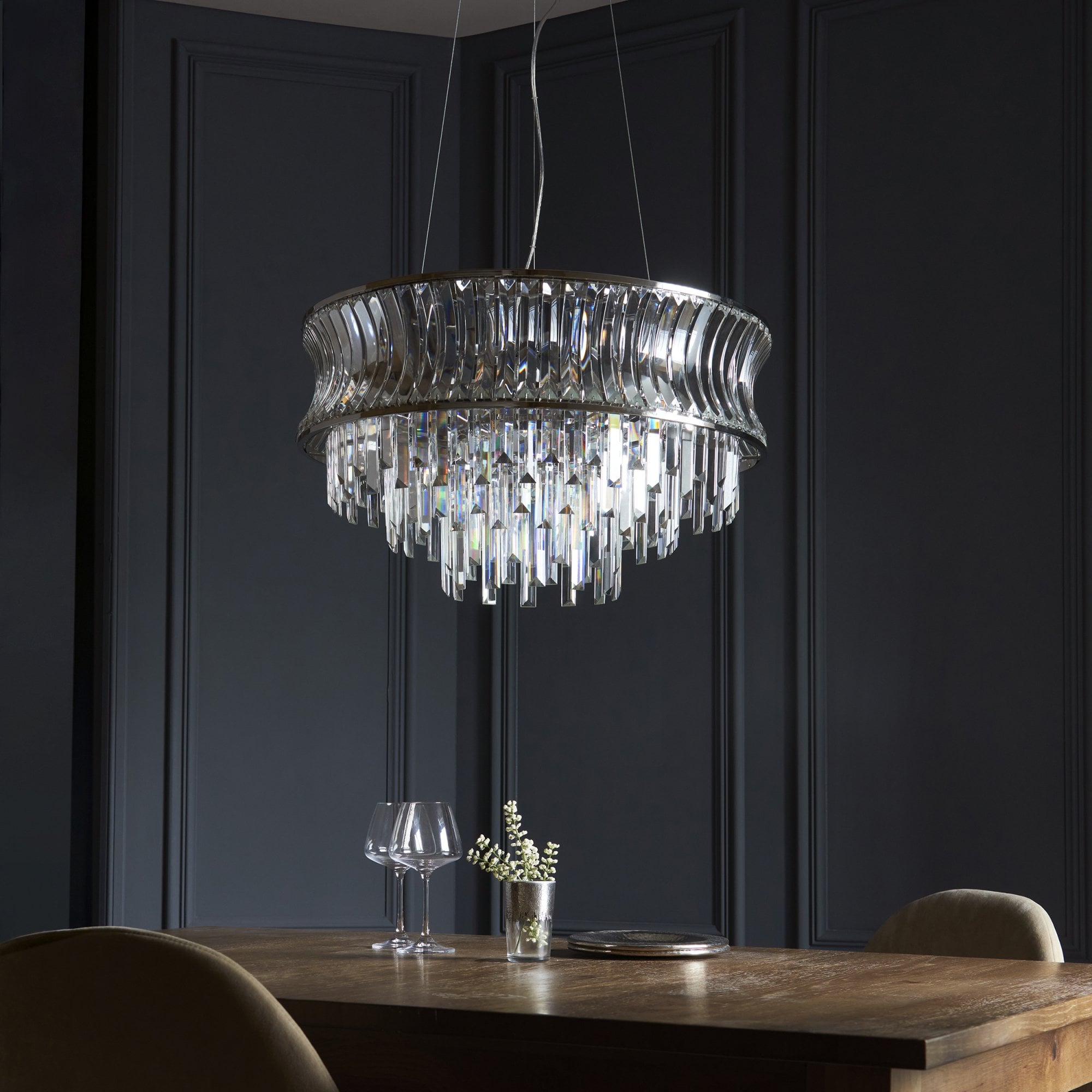 Utopia Bow 9 Light Pendant - Bright Nickel Plate with Crystal & Clear Glass