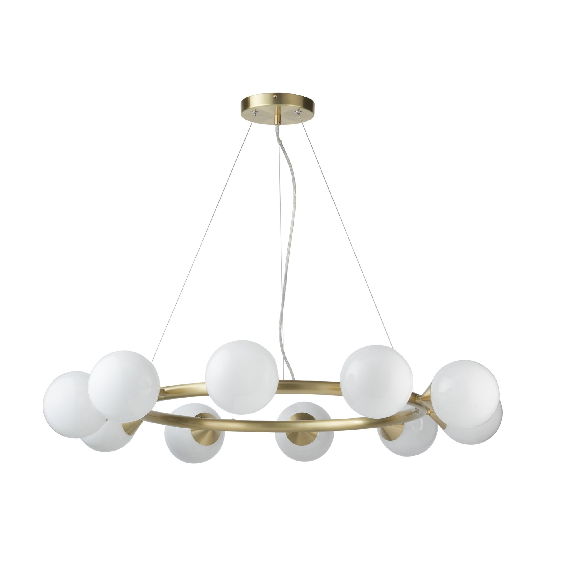 Utopia Lustre 10 Light Ring Pendant - Satin Brass Plate & Gloss White Glass