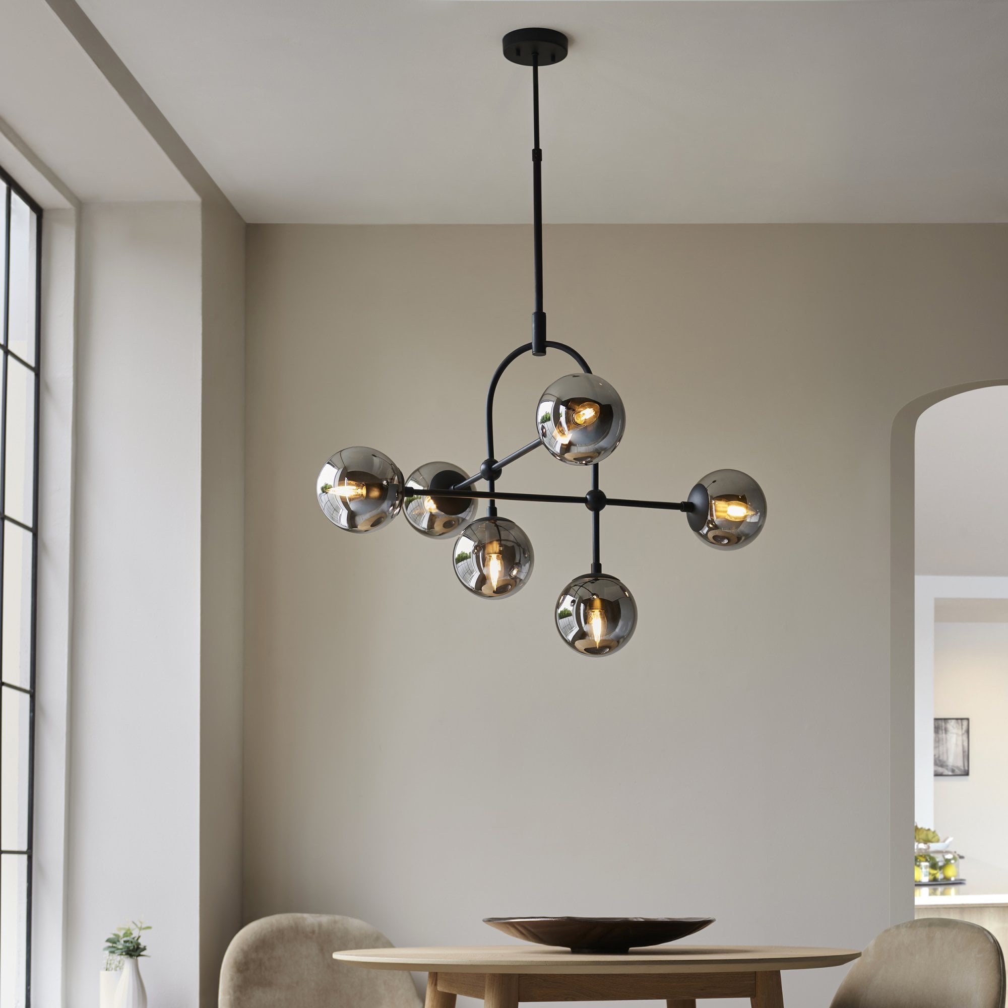 Utopia Sphere 6 Light Semi-Flush Fitting - Matt Black & Smoked Mirror Glass