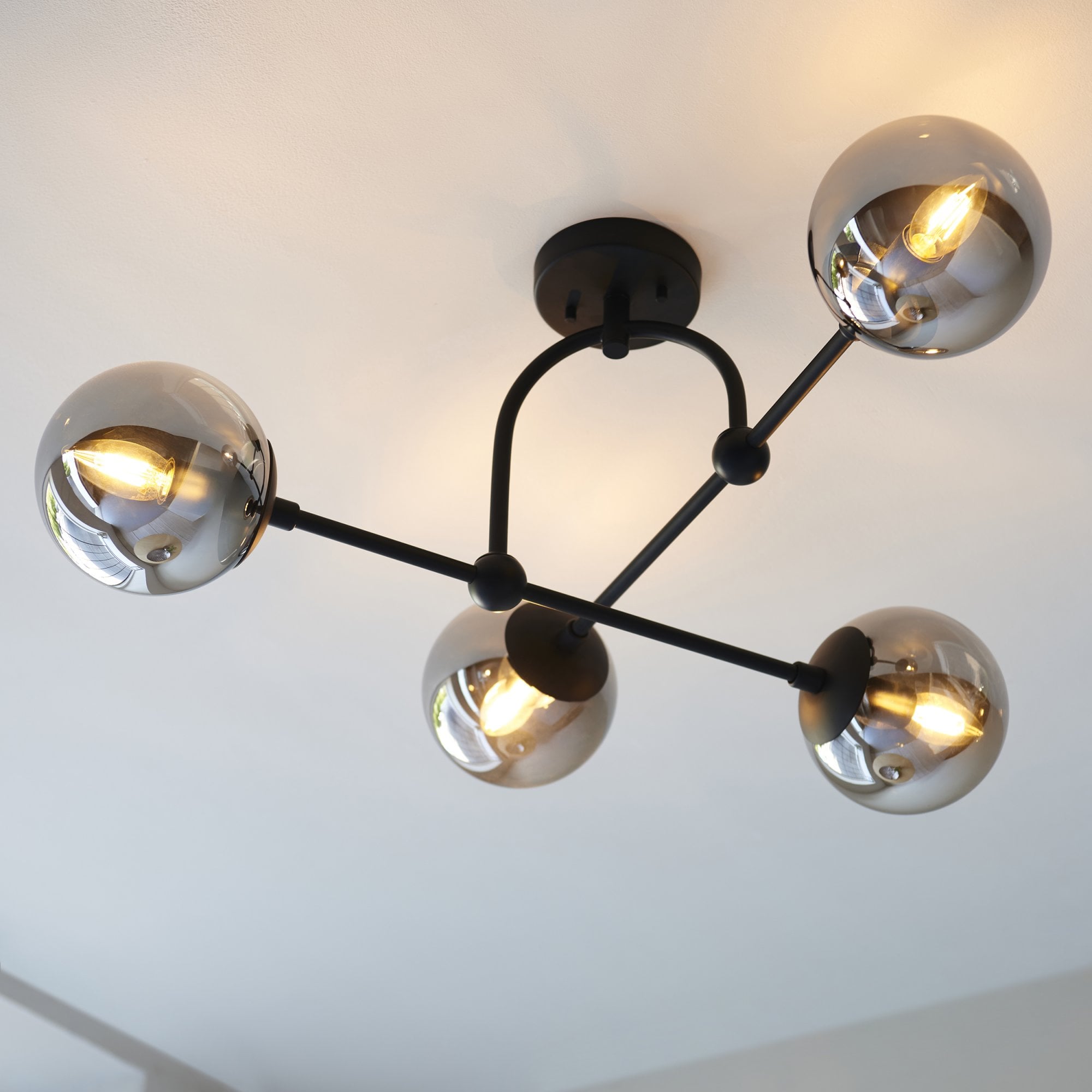 Utopia Sphere 4 Light Semi-Flush Fitting - Matt Black & Smoked Mirror Glass
