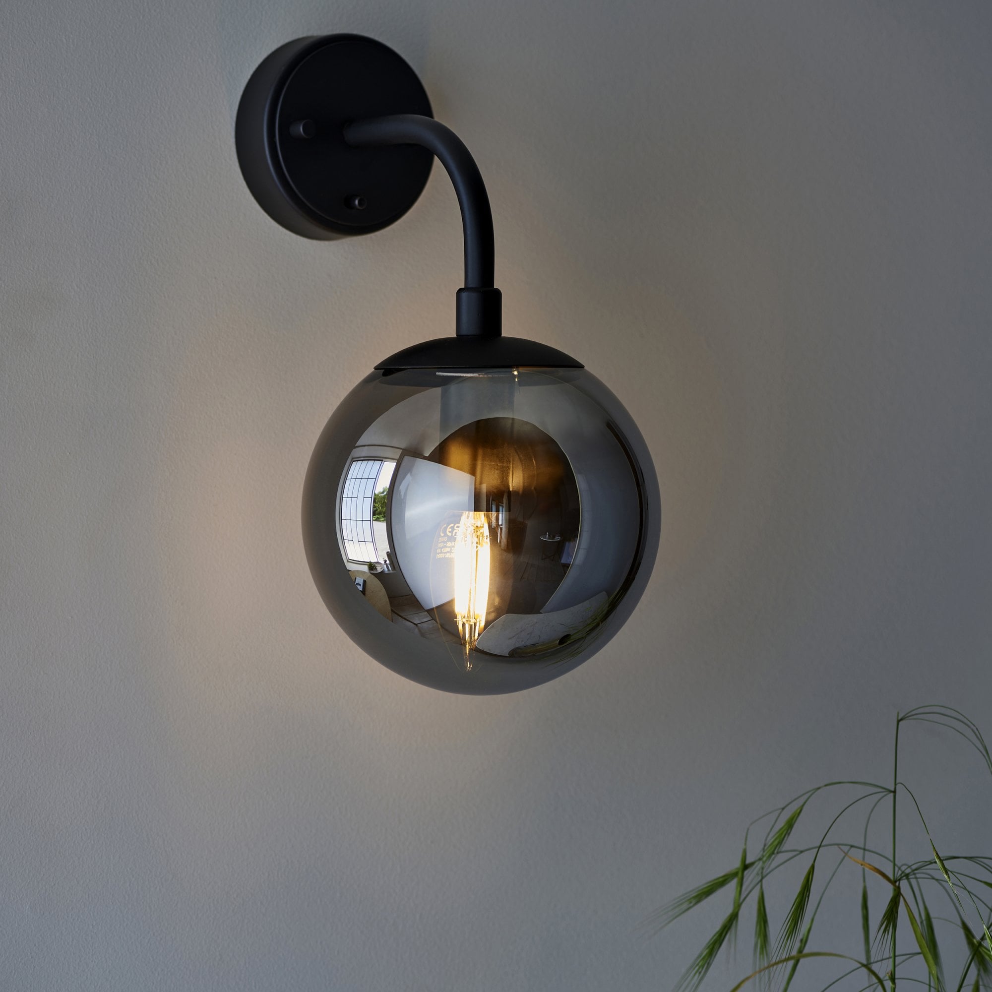 Utopia Sphere Single Wall Light - Matt Black & Smoked Mirror Glass