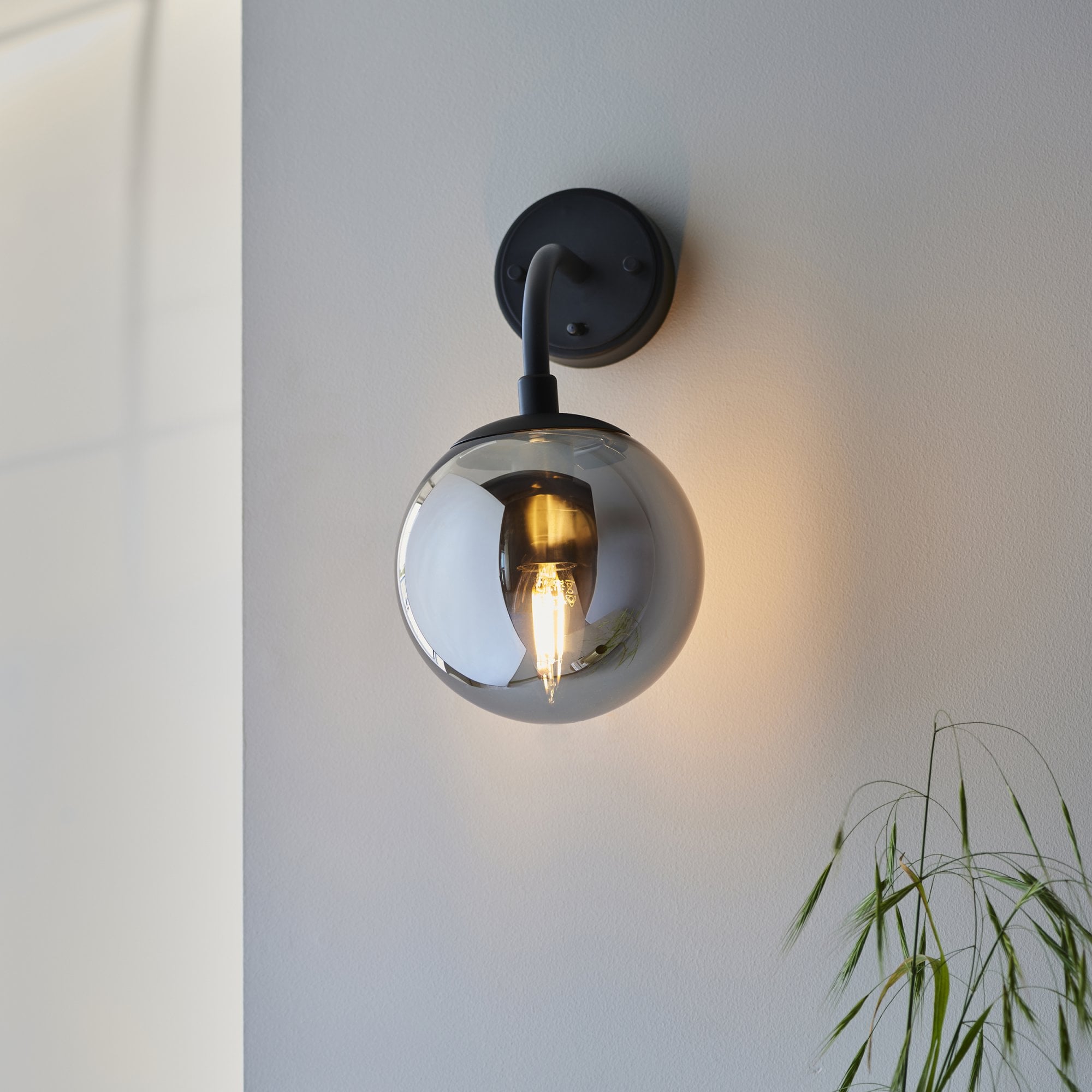 Utopia Sphere Single Wall Light - Matt Black & Smoked Mirror Glass