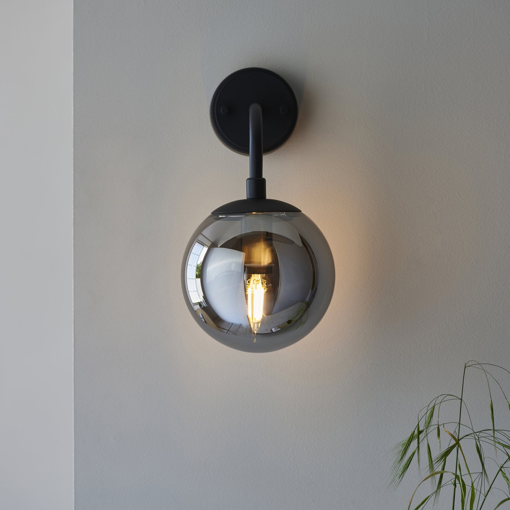 Utopia Sphere Single Wall Light - Matt Black & Smoked Mirror Glass
