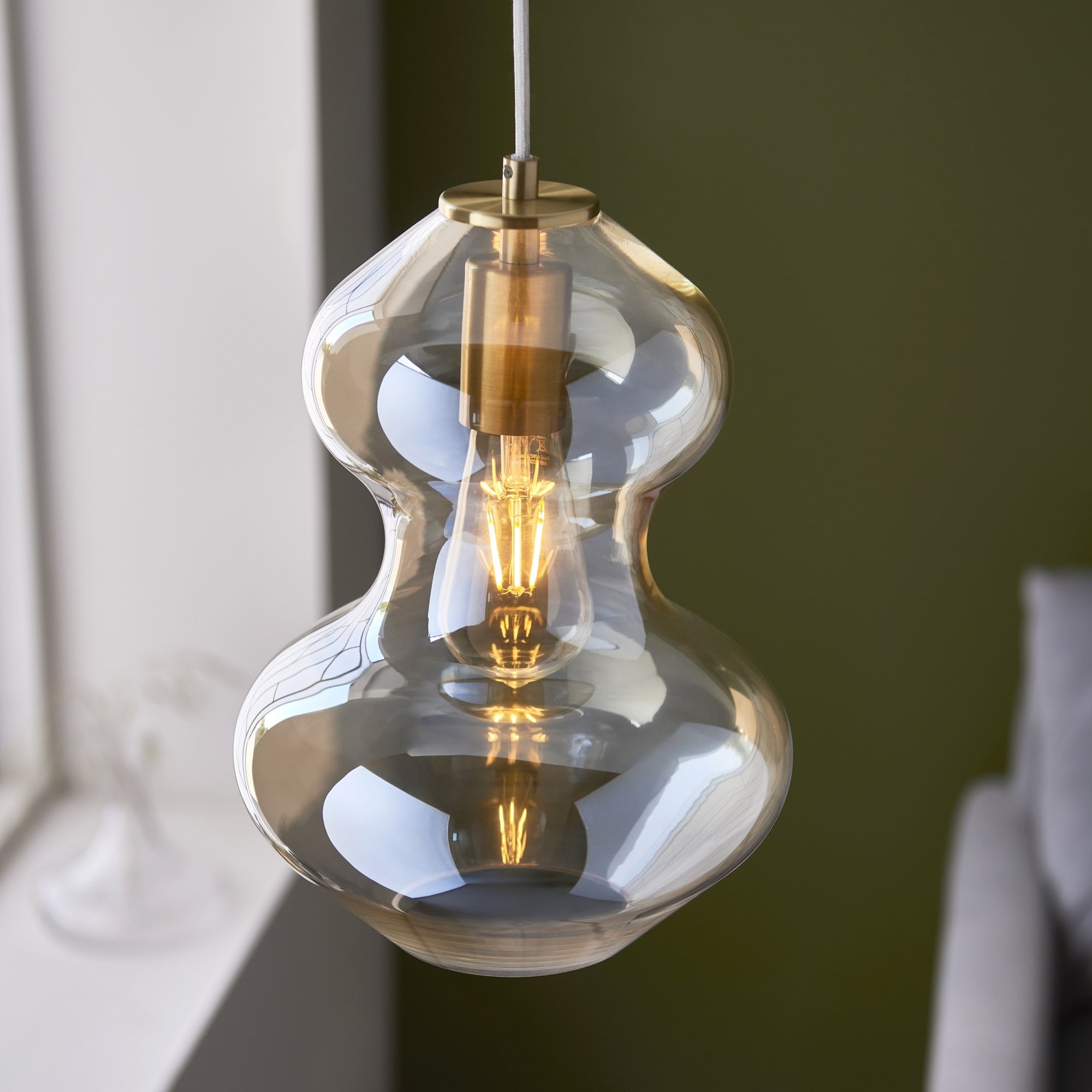 Endon Kelda Shaped Single Pendant - Satin Brass Plate & Champagne Lustre Glass