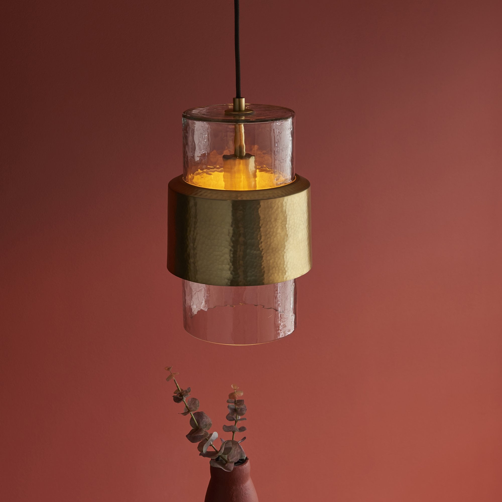 Utopia Swirl Single Pendant - Hammered Brass Plate & Textured Clear Glass