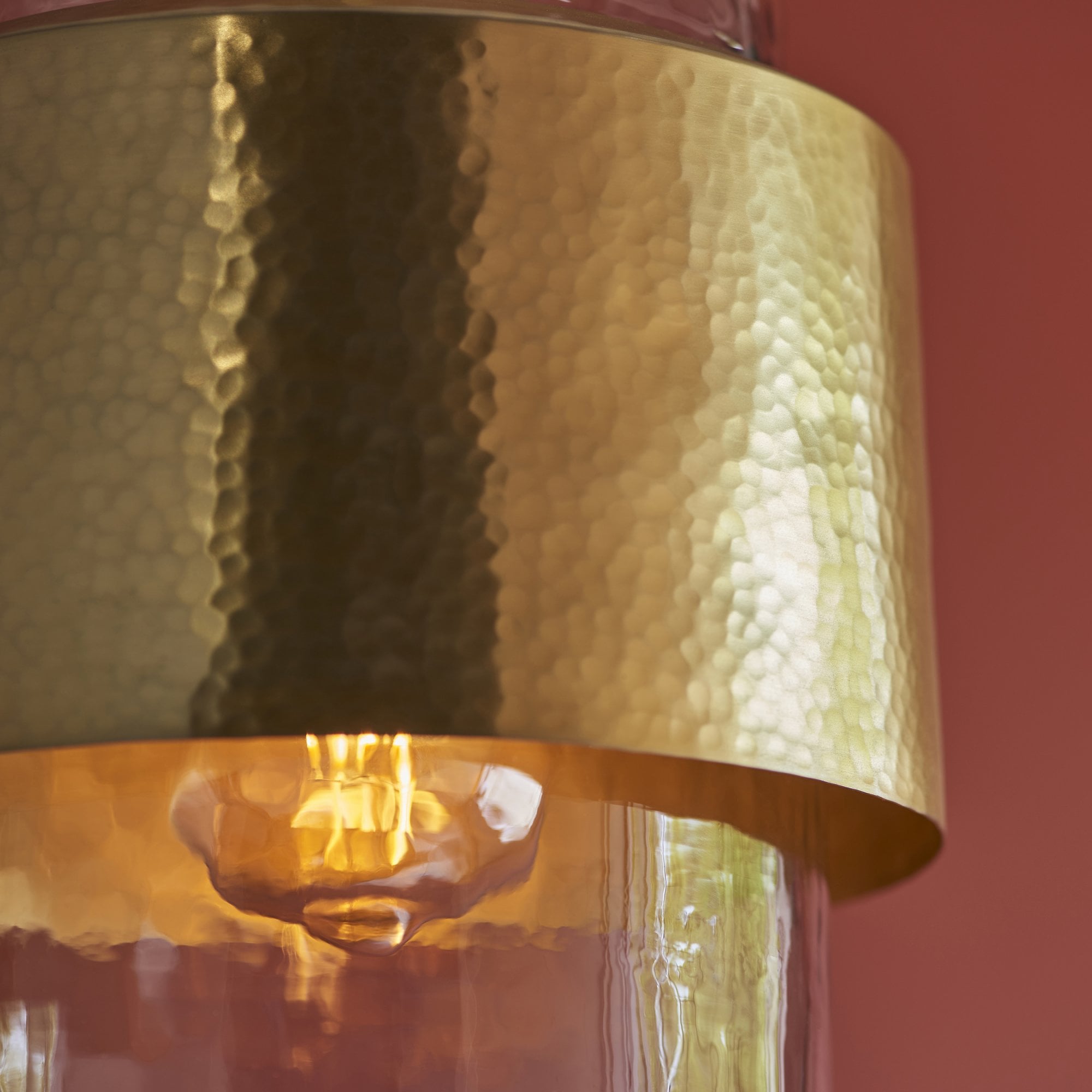 Utopia Swirl Single Pendant - Hammered Brass Plate & Textured Clear Glass