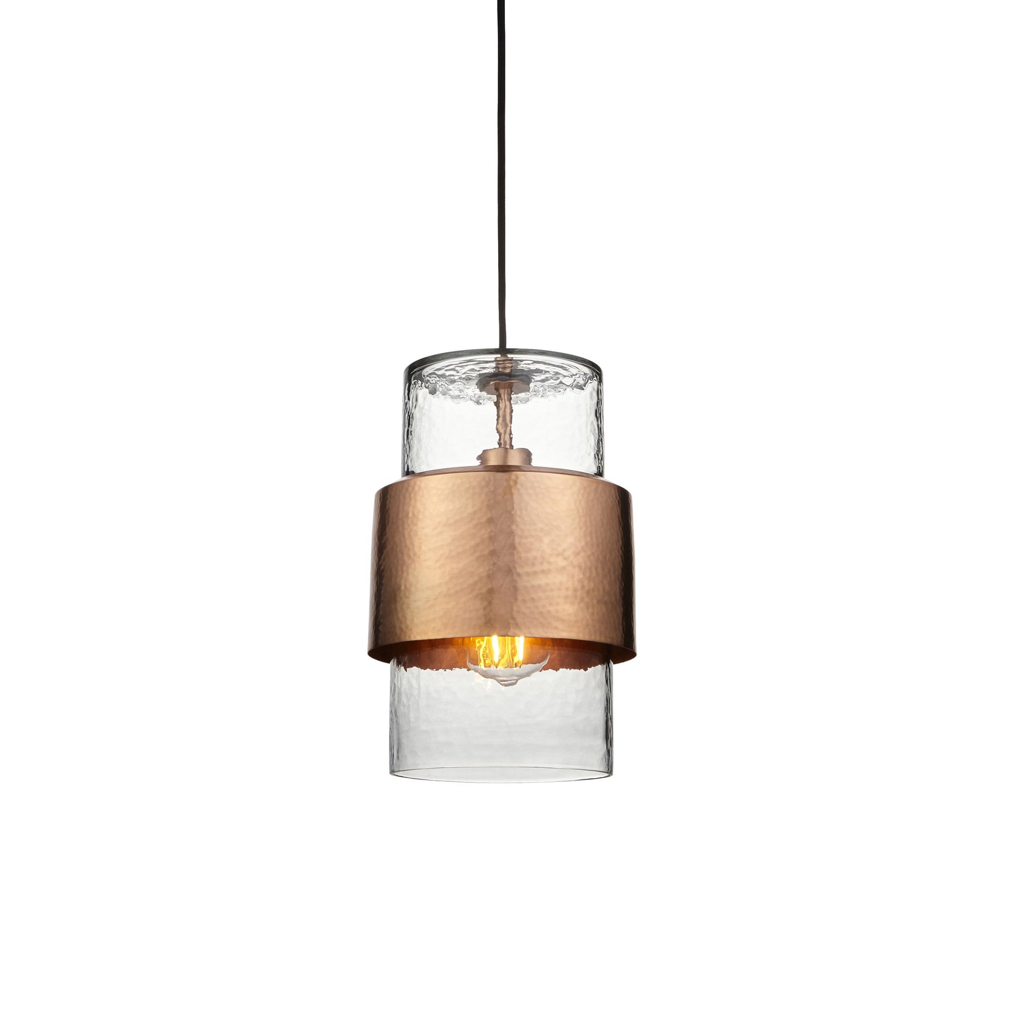 Utopia Swirl Single Pendant - Hammered Copper Plate & Textured Clear Glass