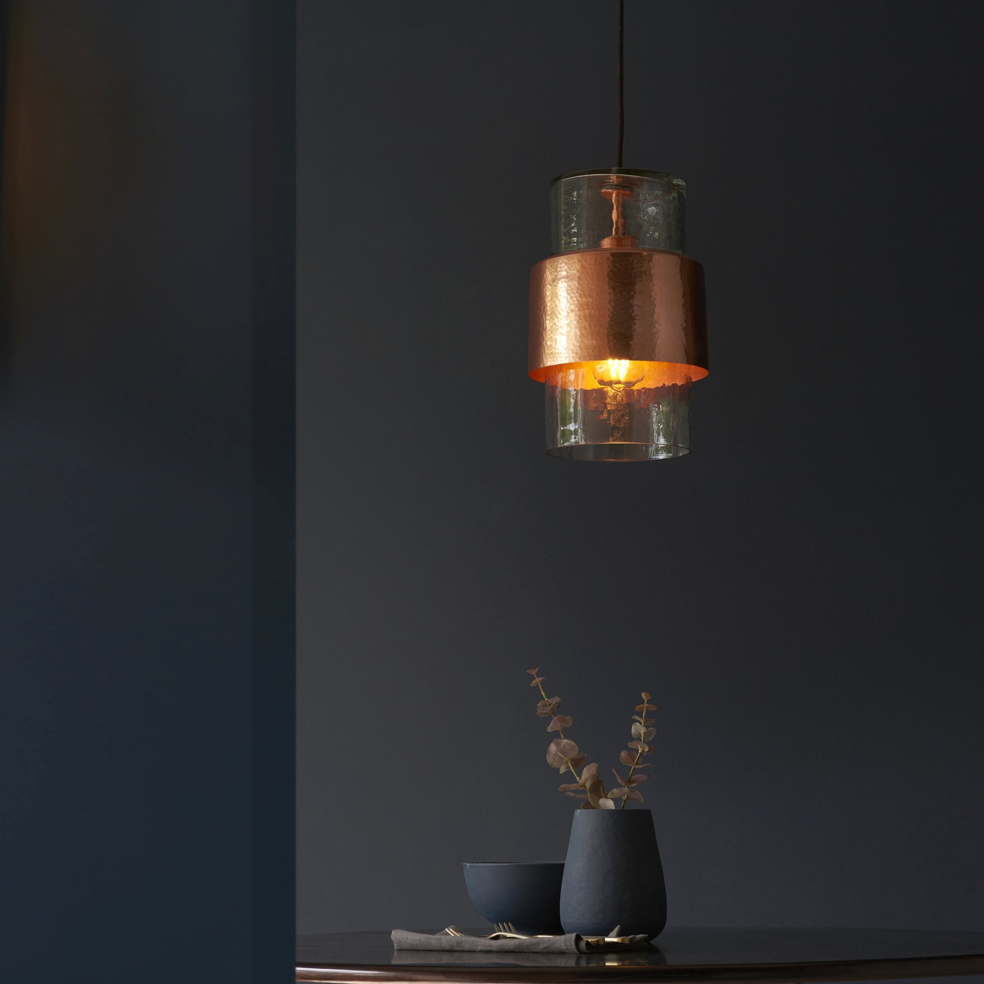 Utopia Swirl Single Pendant - Hammered Copper Plate & Textured Clear Glass
