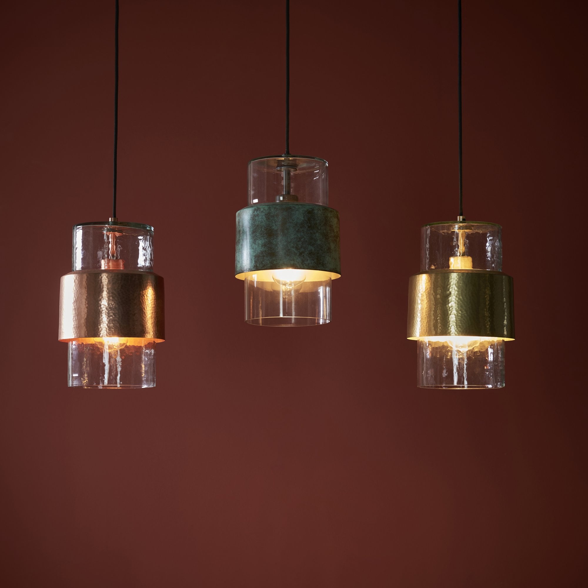 Utopia Swirl Single Pendant - Hammered Copper Plate & Textured Clear Glass