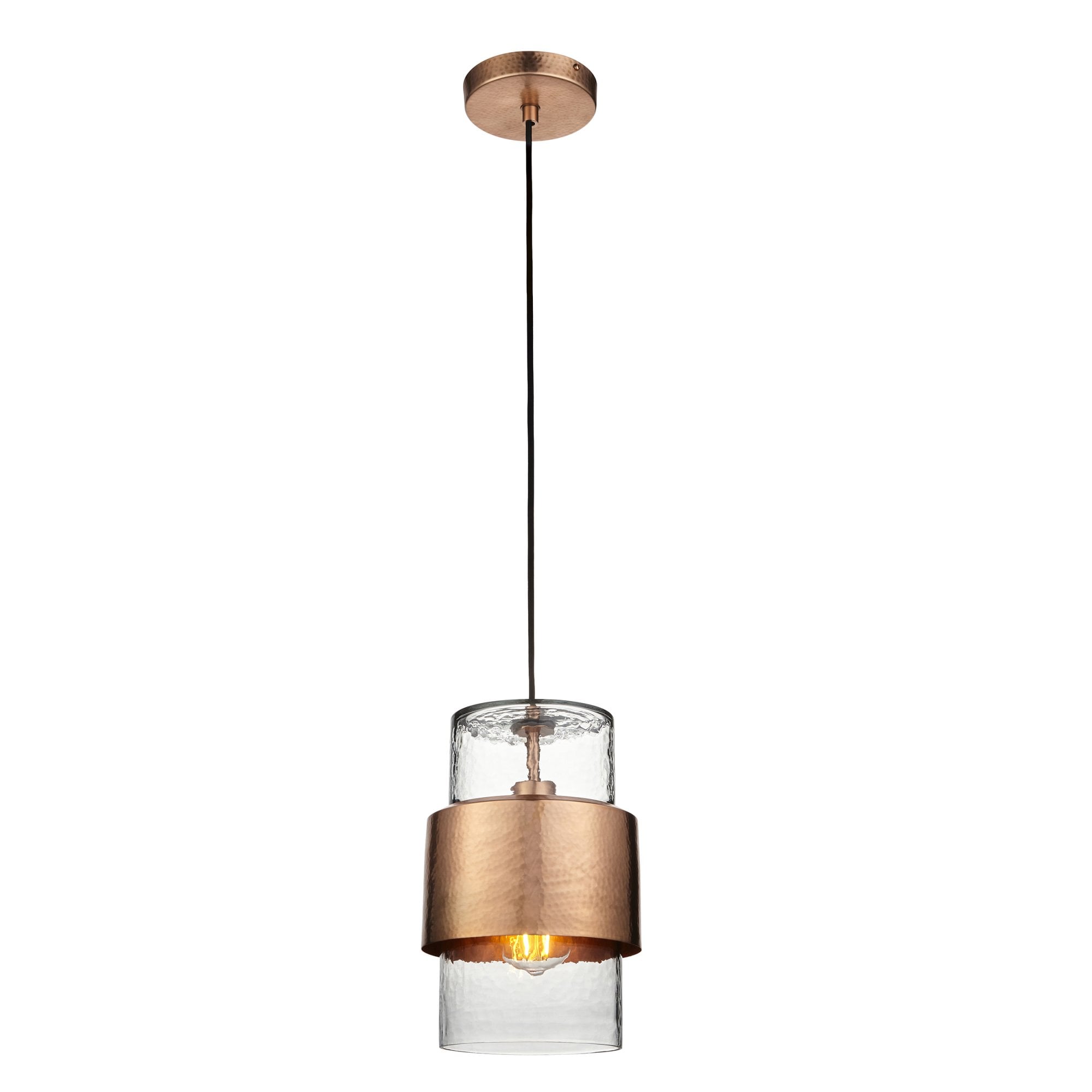 Utopia Swirl Single Pendant - Hammered Copper Plate & Textured Clear Glass