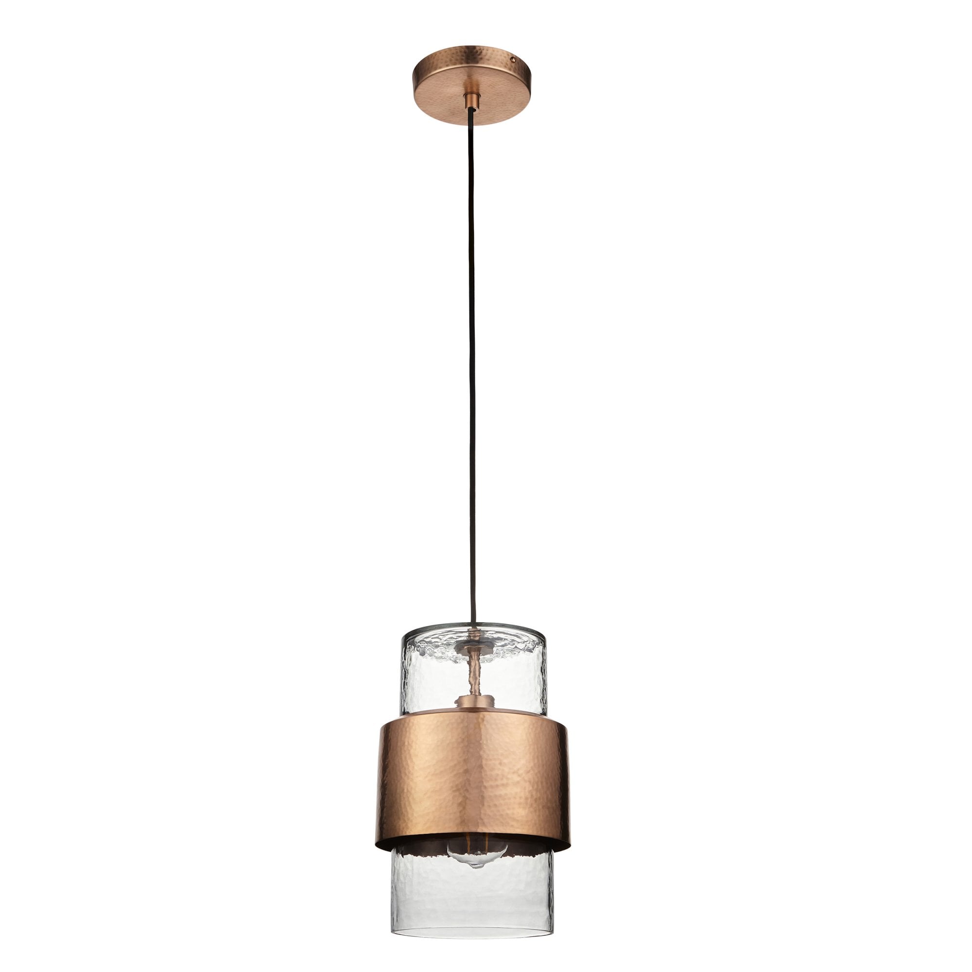 Utopia Swirl Single Pendant - Hammered Copper Plate & Textured Clear Glass