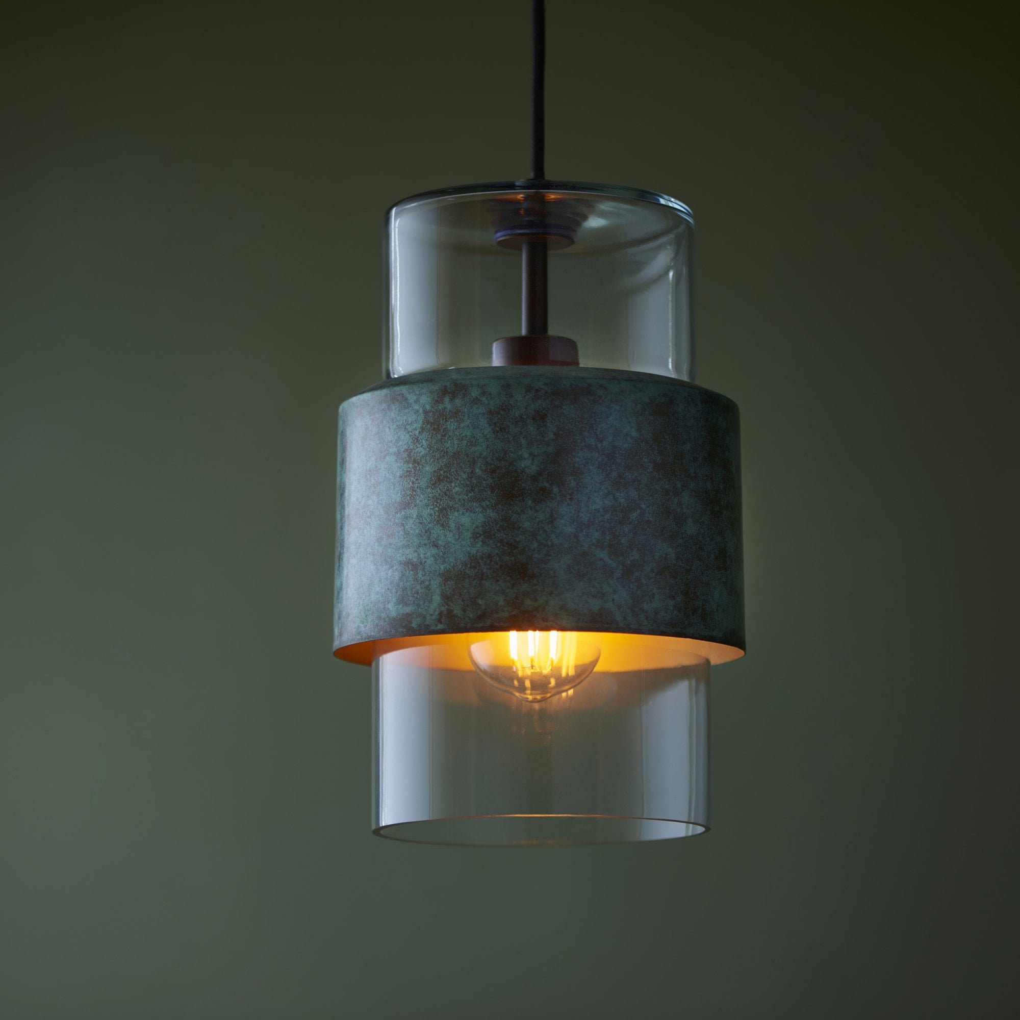 Utopia Swirl Single Pendant - Verdigris Bronze Plate & Clear Glass